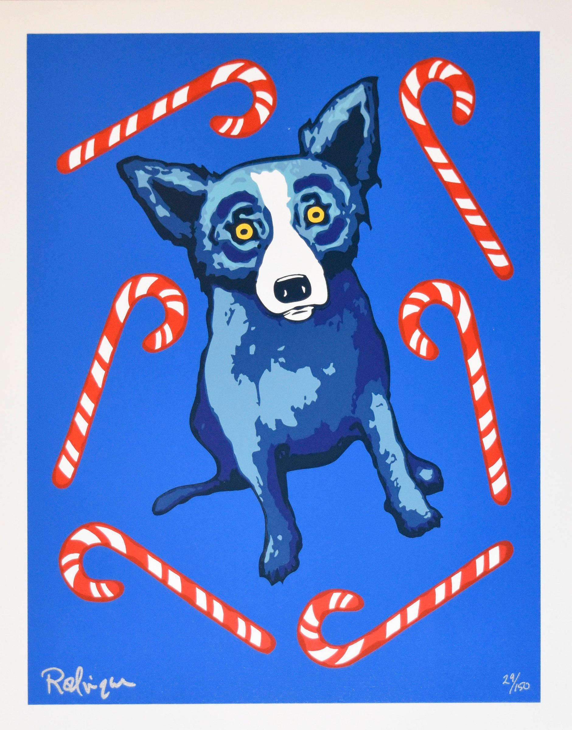George Rodrigue Animal Print - Sweet Like You - Signed Silkscreen Print Blue Dog Holiday Print Sale