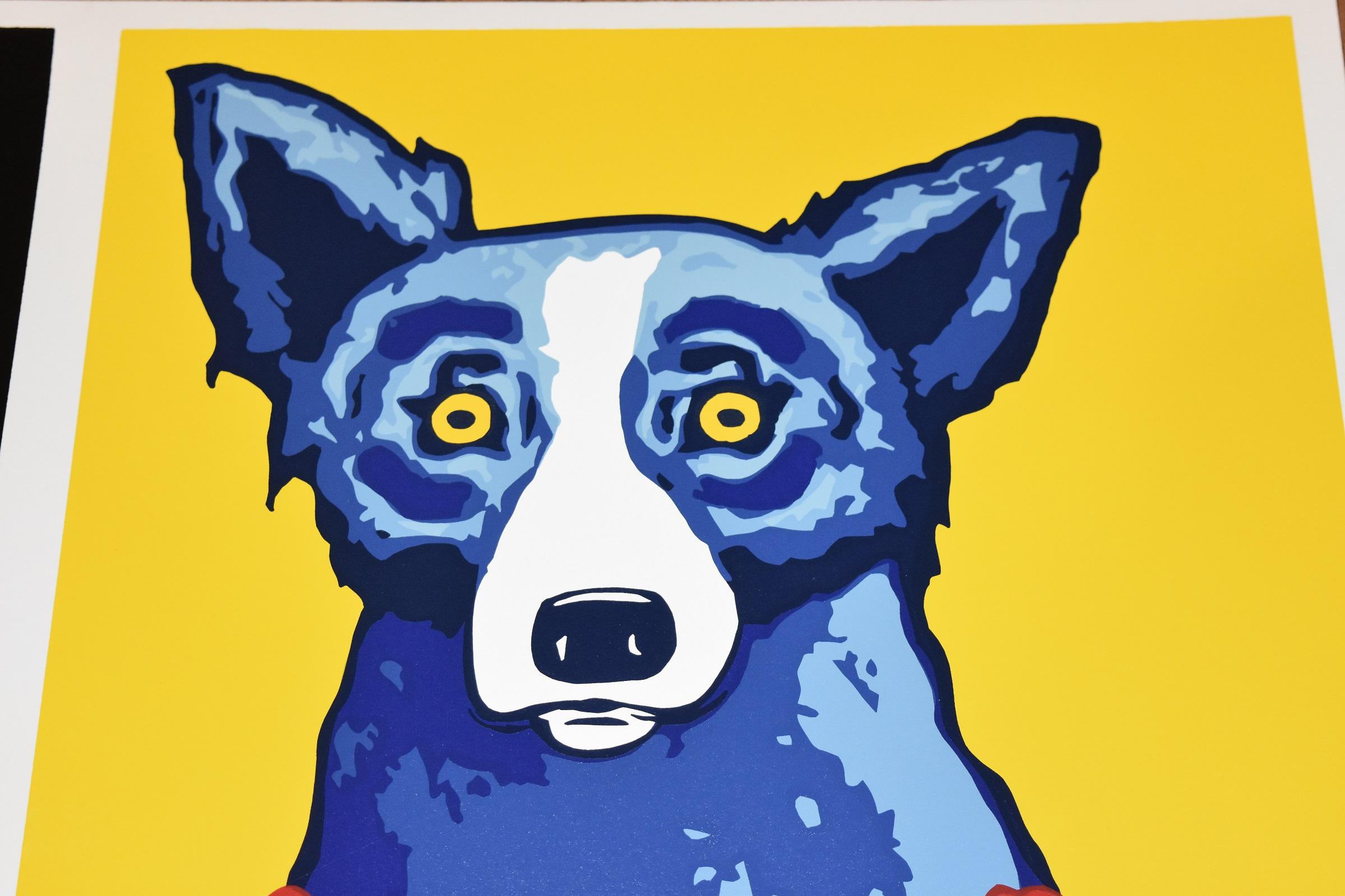 Das Werk Blue Dog besteht aus einem schwarzen Hintergrund mit einem blauen Bären mit gefühlvollen gelben Augen, der mit gelben Blumen geschmückt ist, und einem gelben Hintergrund mit einem blauen Hund mit gefühlvollen gelben Augen, der mit roten