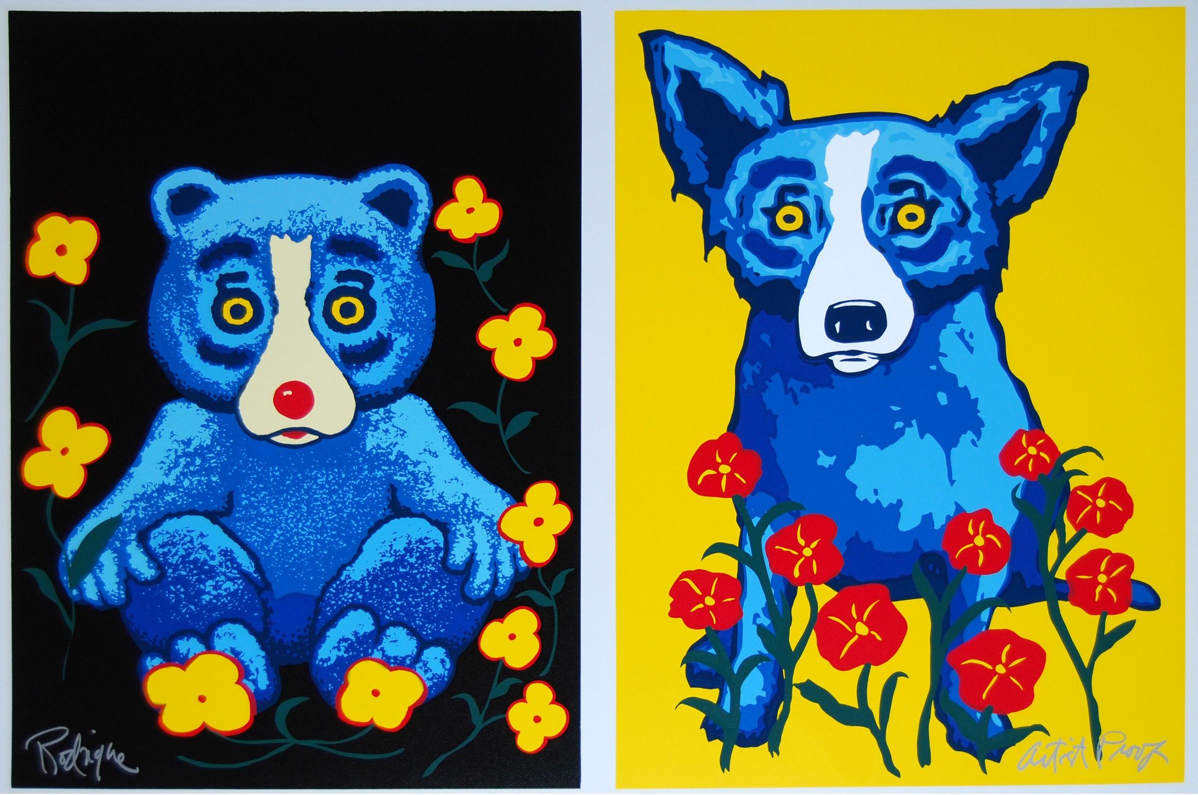 George Rodrigue Animal Print - Sweetheart Memories - Black Yellow - Bear Dog - Signed Silkscreen Print