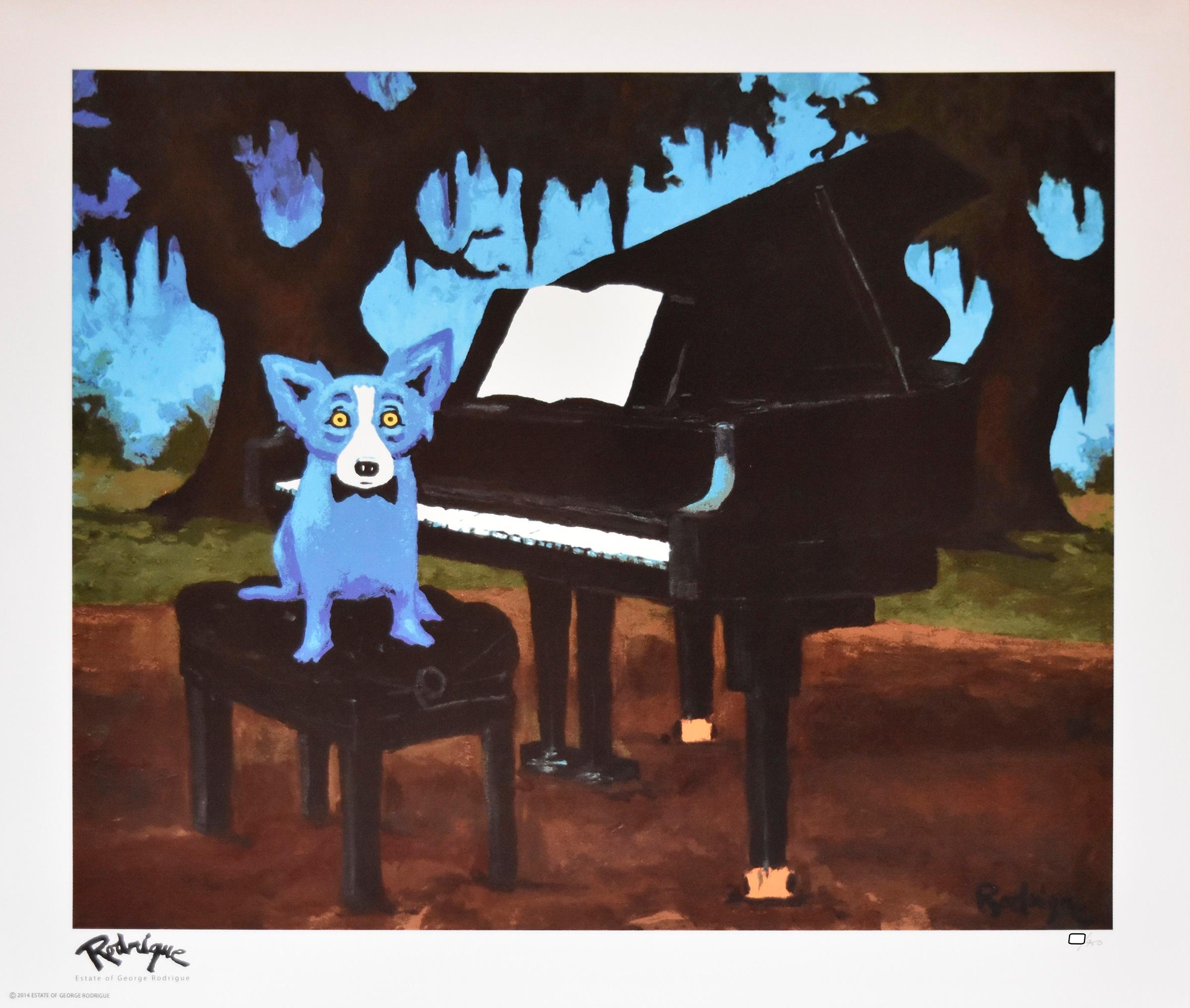 This Blue Dog work consists of one blue dog sitting in a field on a bench at the piano. The piano and bench are black, and the bench has a tufted cushion.  There is a large black tree and a blue sky in the background. The dog is wearing a black tie.