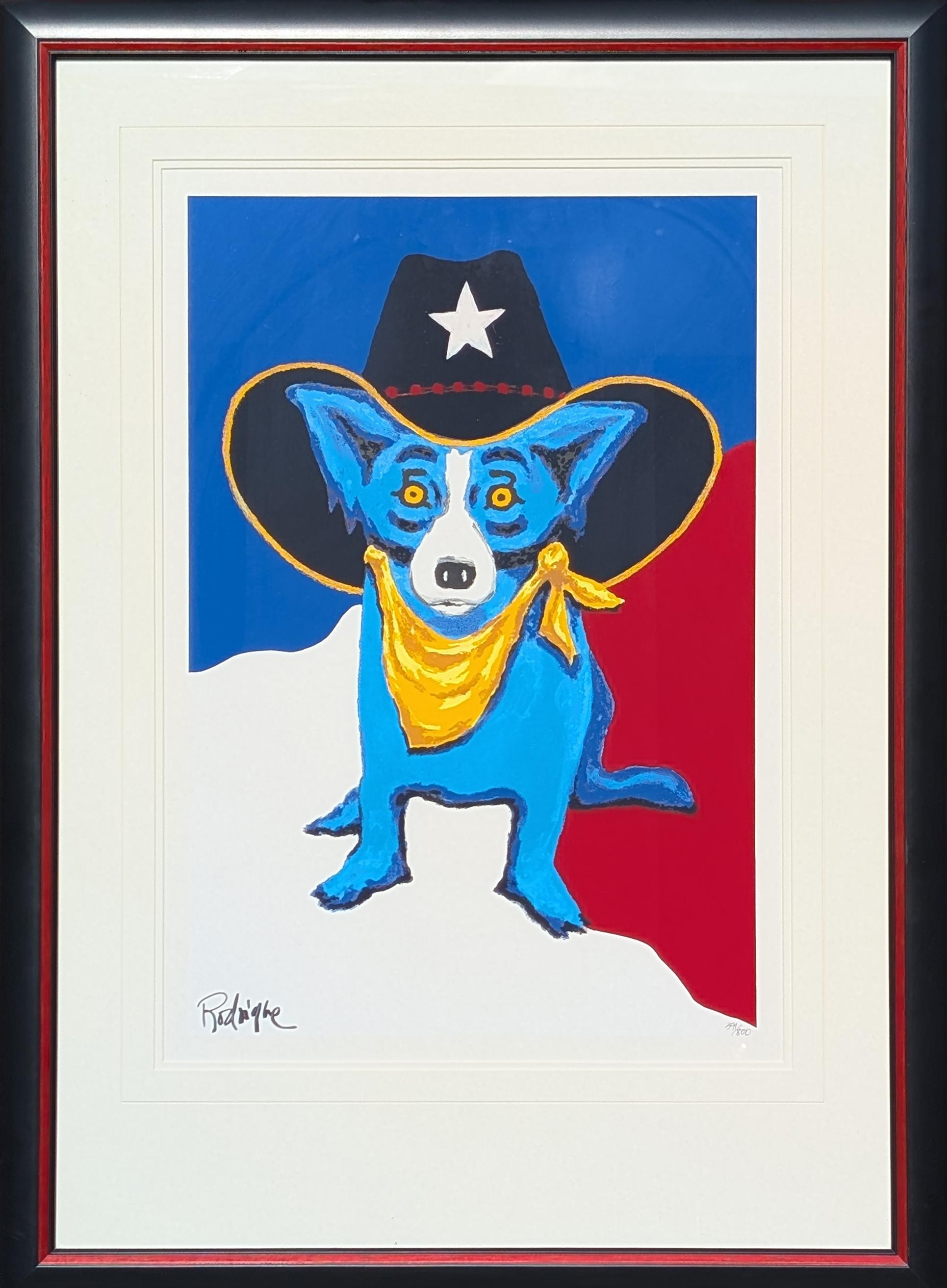 Abstract Print di George Rodrigue - "Texas Ranger" Cane blu contemporaneo con cappello da cowboy Serigrafia Ed. 391/800