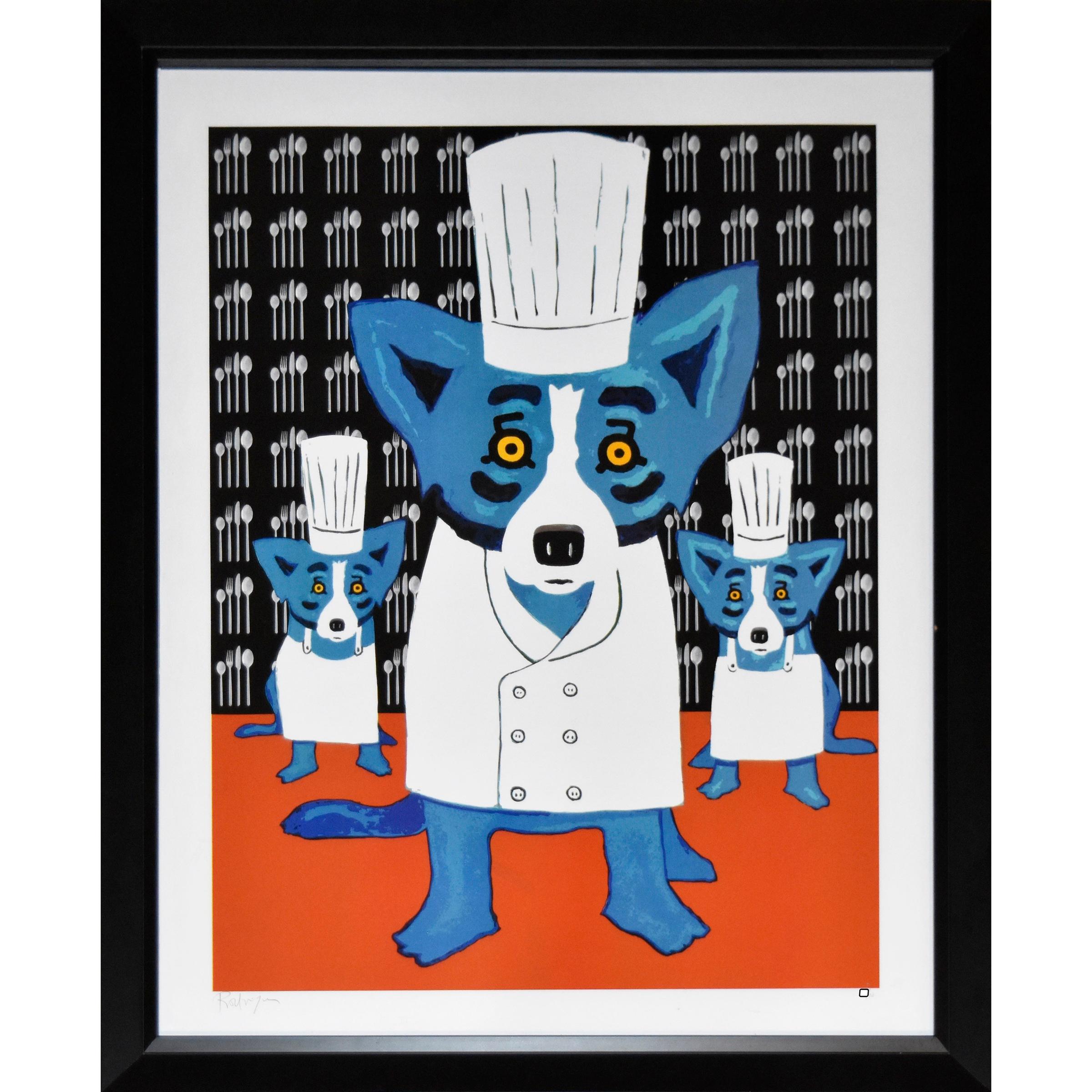 Cette œuvre représentant un chien bleu est composée d'un grand chien bleu vêtu d'une blouse blanche de chef et d'un chapeau haut de forme, ainsi que de deux chiens bleus plus petits vêtus d'un tablier blanc de chef et d'un chapeau haut de forme,