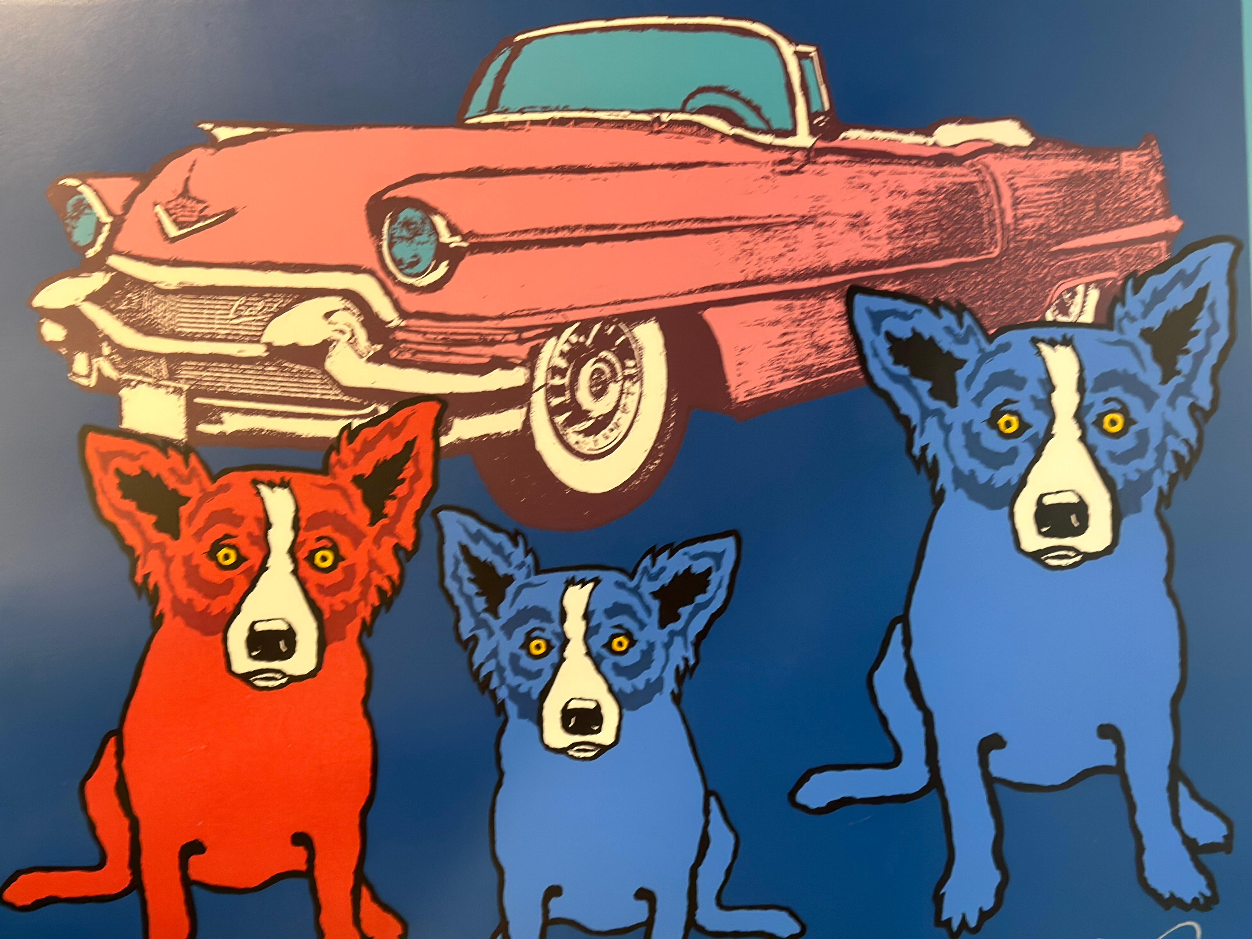 “The Devil in Me” (1991) 22x28, 31x37 framed as is.

Among the first ever Blue Dogs, this early important original silkscreen is among the artist’s most treasured, valued, and iconic images. The pink Cadillac, an ode to Elvis Presley, is an iconic