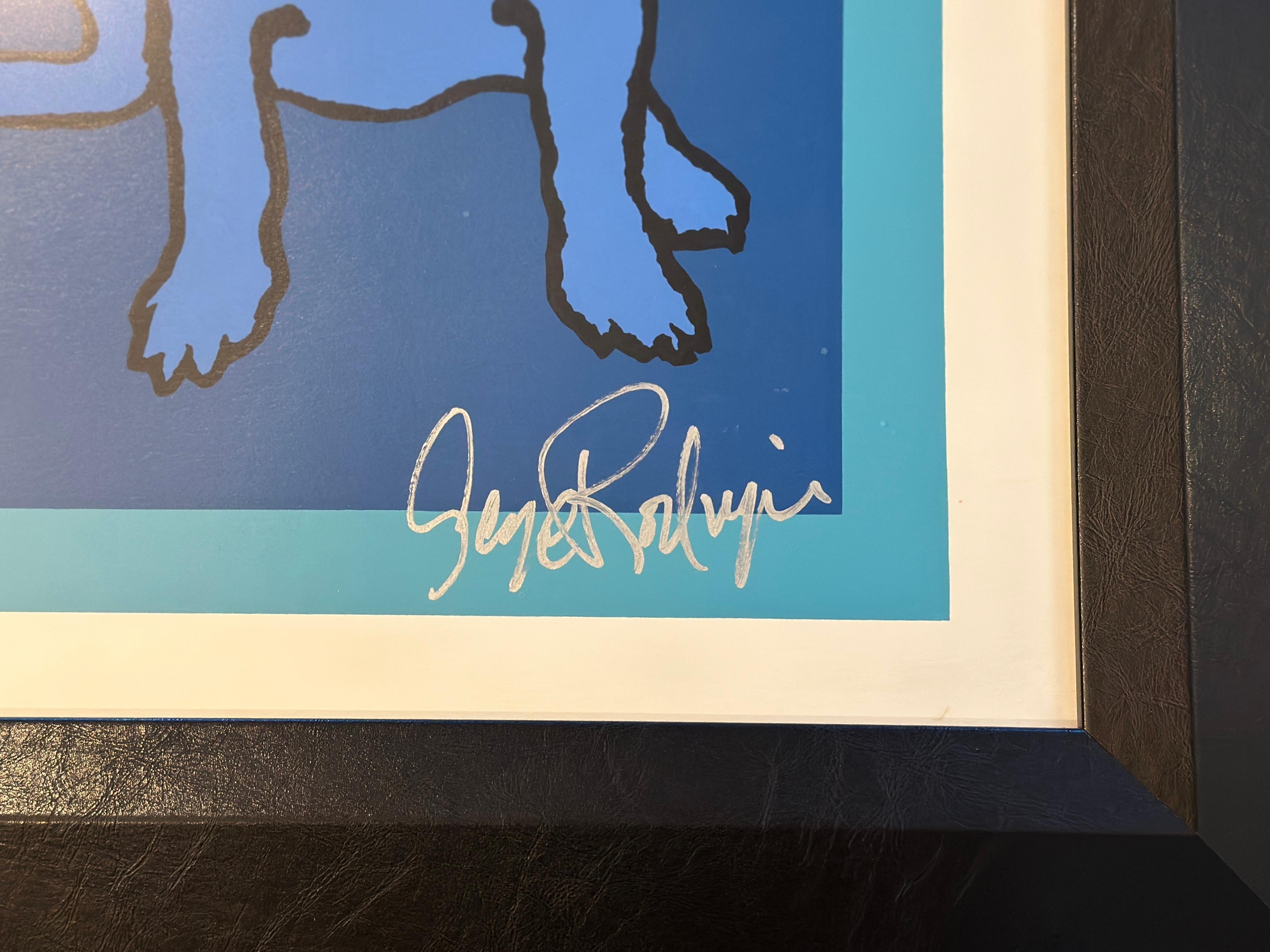 “The Devil in Me” (1991) 22x28, 31x37 framed as is.

Among the first ever Blue Dogs, this early important original silkscreen is among the artist’s most treasured, valued, and iconic images. The pink Cadillac, an ode to Elvis Presley, is an iconic