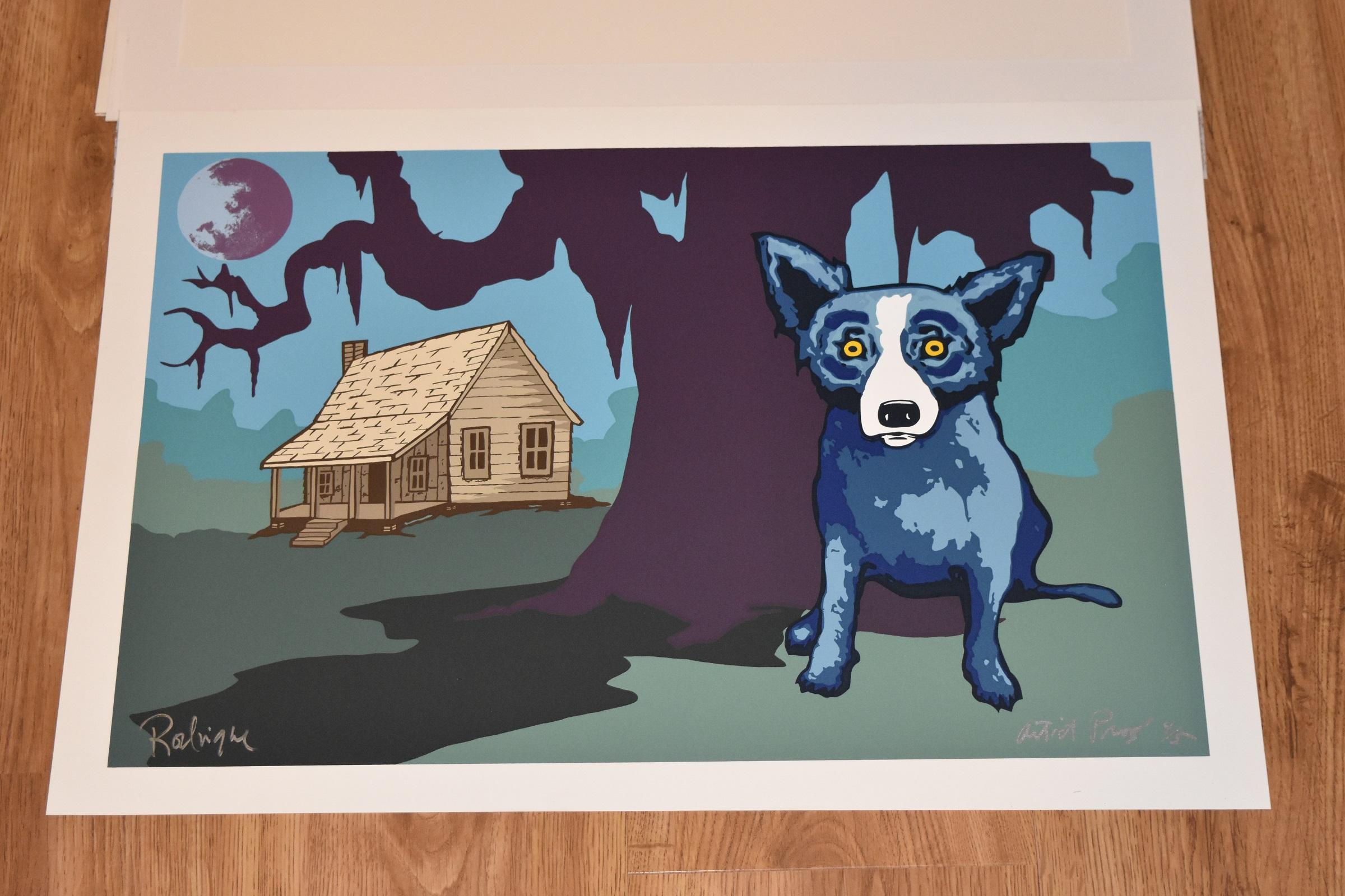 The House My Daddy Built with Moon - Signed Silkscreen Print Blue Dog - Gray Animal Print by George Rodrigue