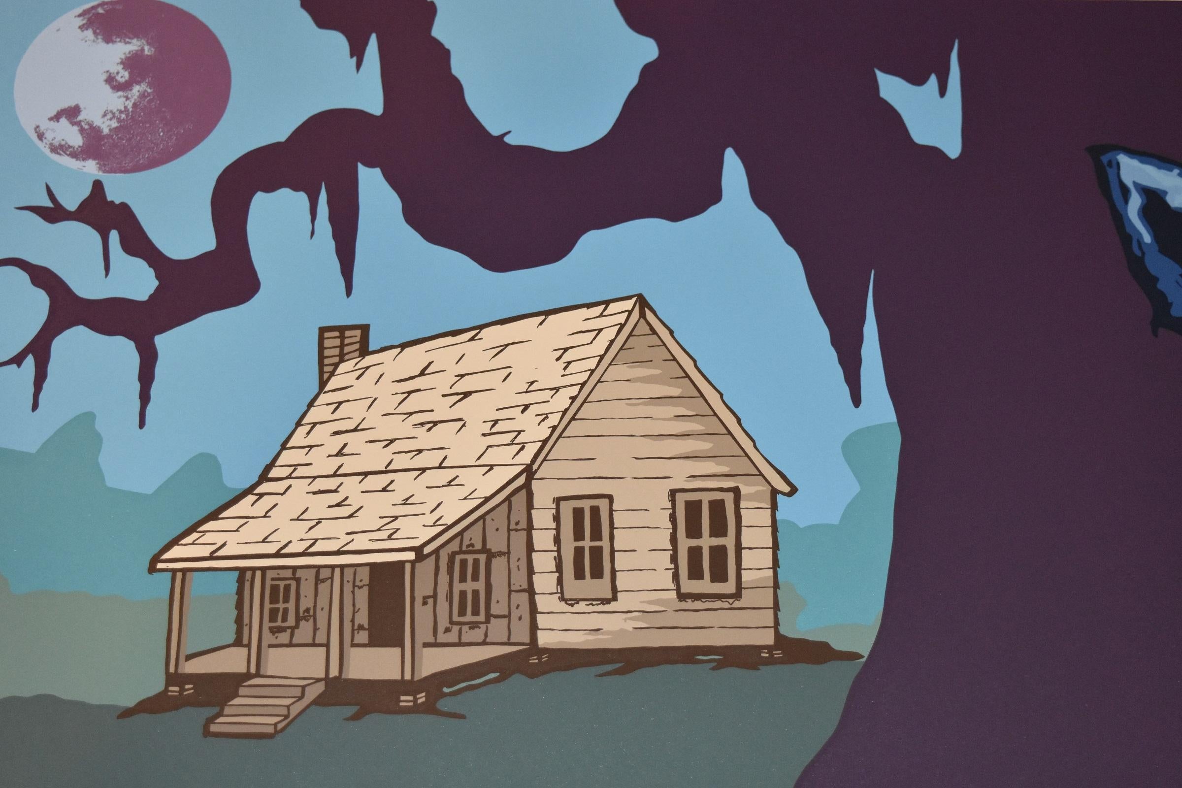 This Blue Dog work consists of a dog, a house, a tree and a moon. All are featured on a background of shades of blue, gray, green and black.  The house appears to be a little tan shack, the tree is purple with a black shadow and the moon is purple