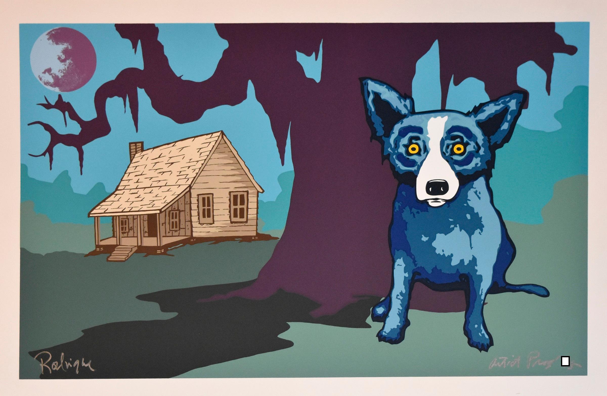 George Rodrigue Animal Print - The House My Daddy Built with Moon - Signed Silkscreen Print Blue Dog
