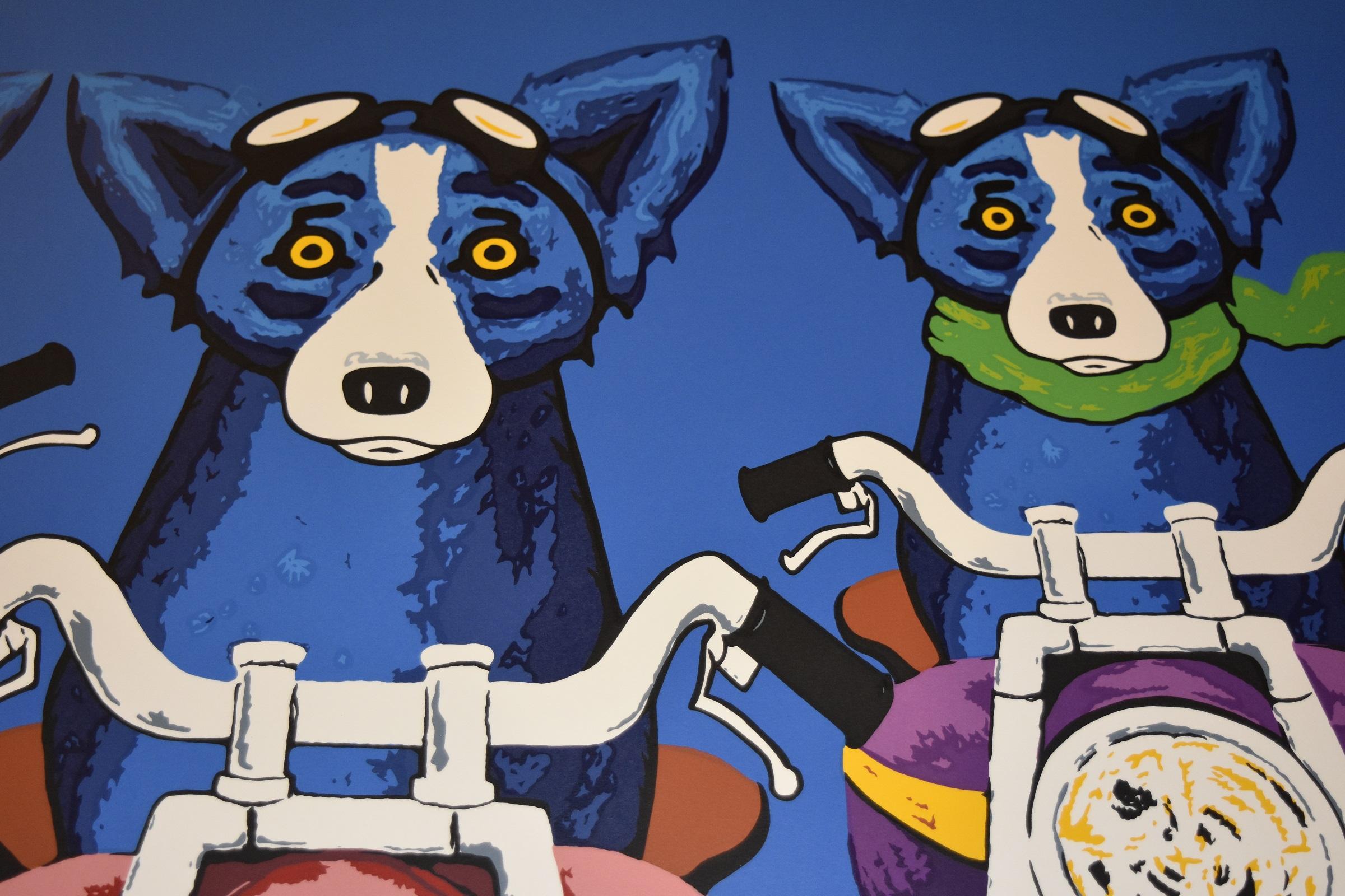 Dieses Blue Dog Werk besteht aus 4 Hunden, die auf Motorrädern vor einem blauen Hintergrund fahren. Drei der 4 Hunde tragen verschiedenfarbige Halstücher (gelb, rot, grün). Ein Hund hat kein Halstuch. Alle Hunde sind auf verschiedenfarbigen