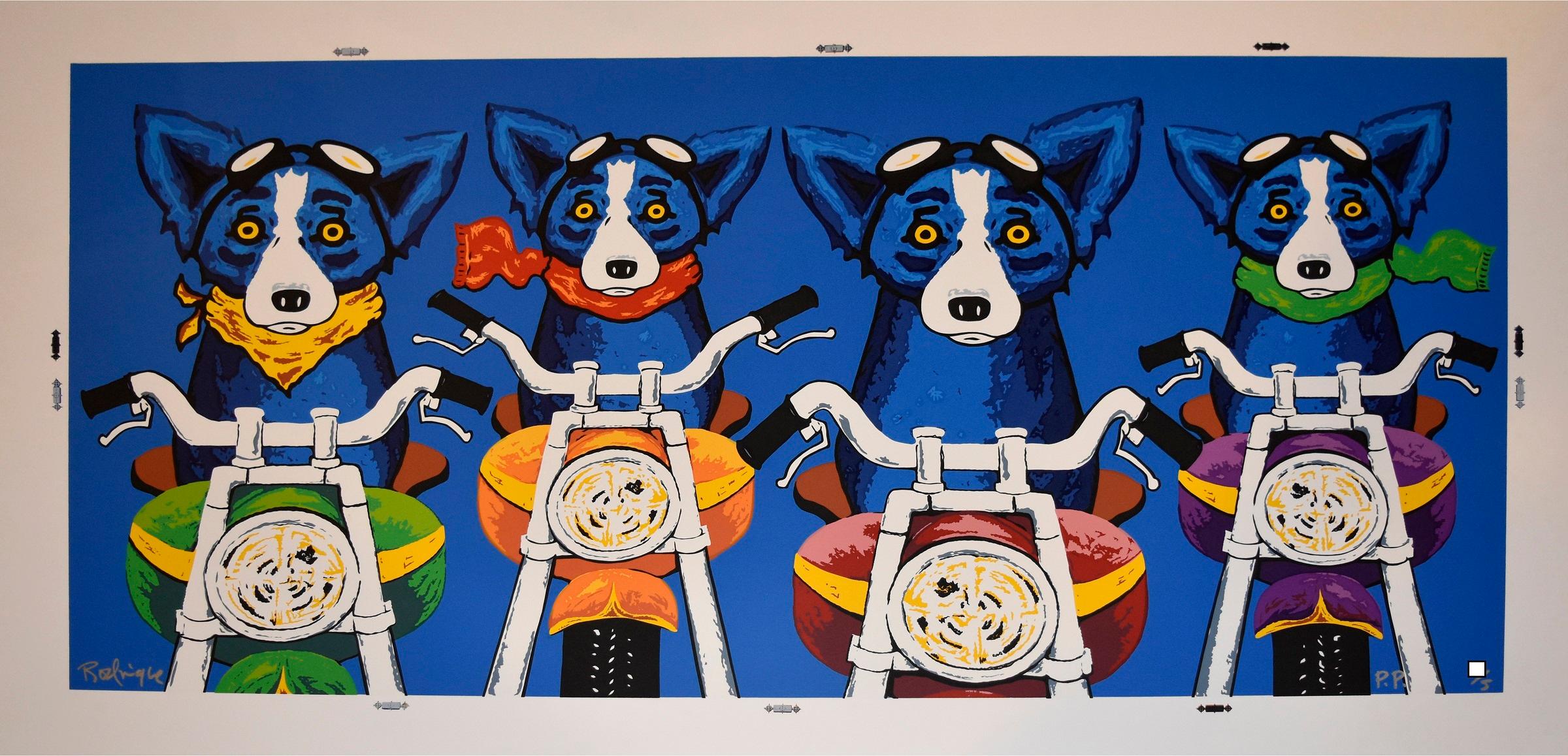 George Rodrigue Animal Print – The Rat Pack - Blau - Signierter blauer Seidendruck Hund