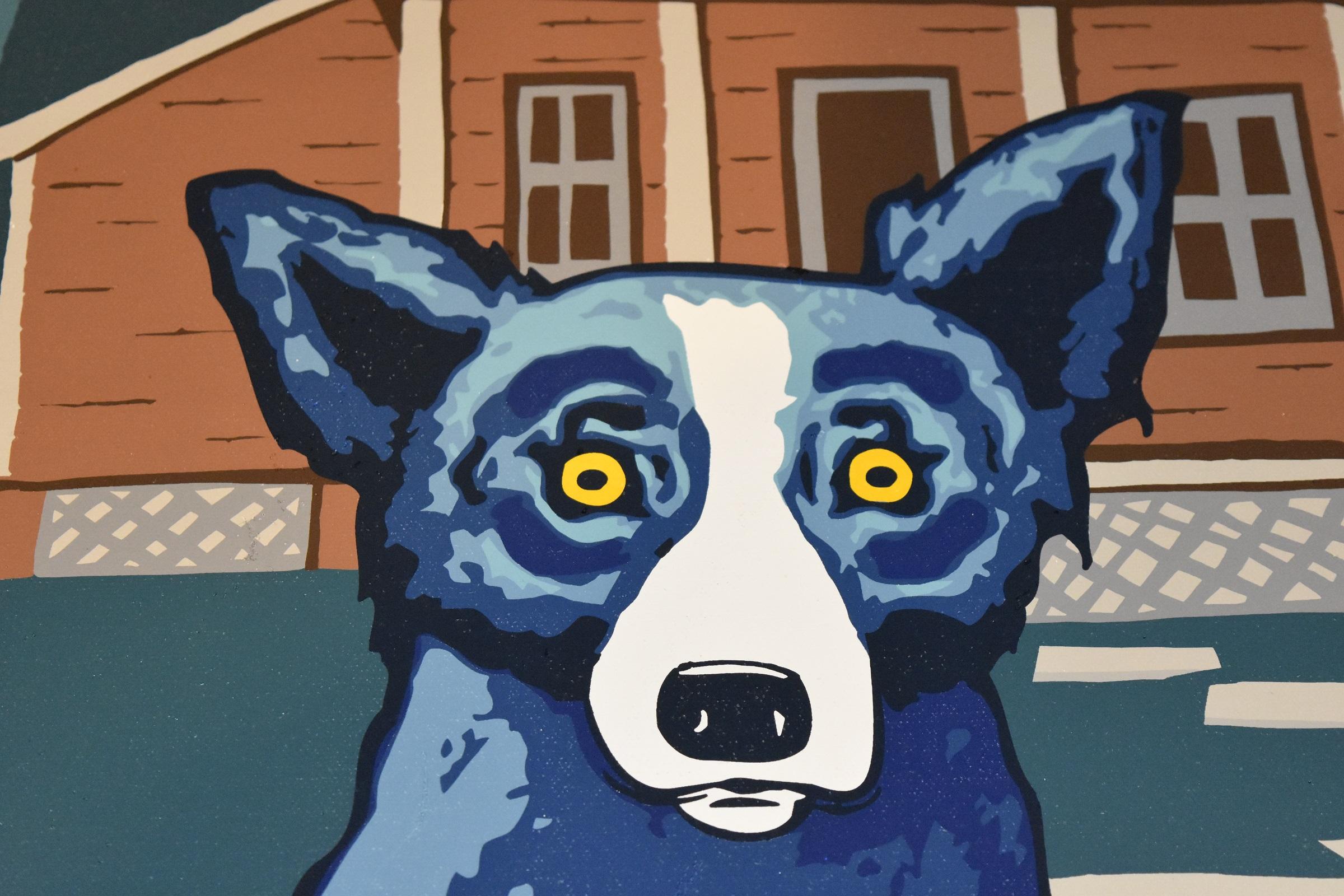 Blauer Hund auf Leinwand – signierter Siebdruck auf Leinwand „Old House“ – Print von George Rodrigue