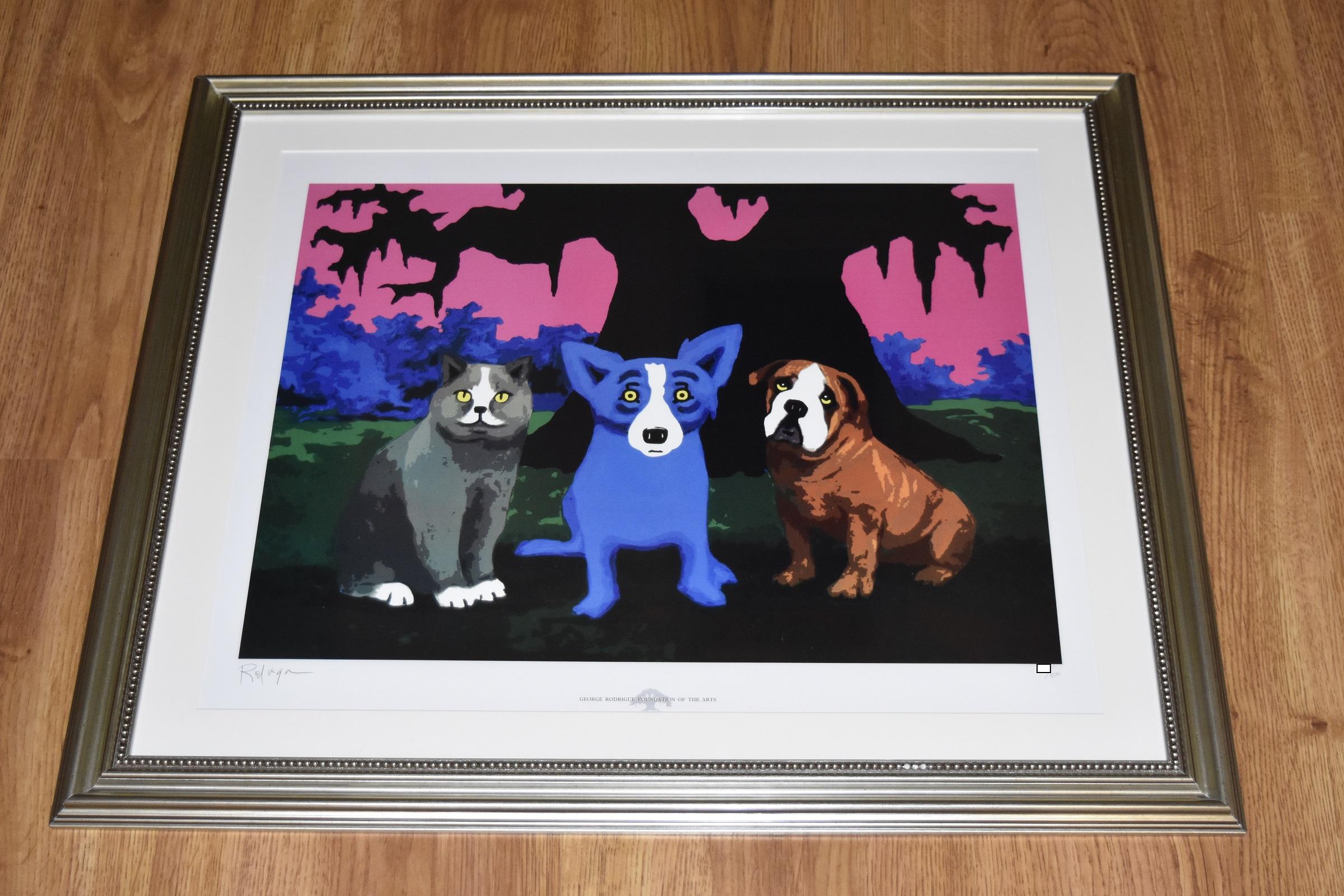 Drei Amigos – signierter blauer Siebdruck mit Hund – Print von George Rodrigue