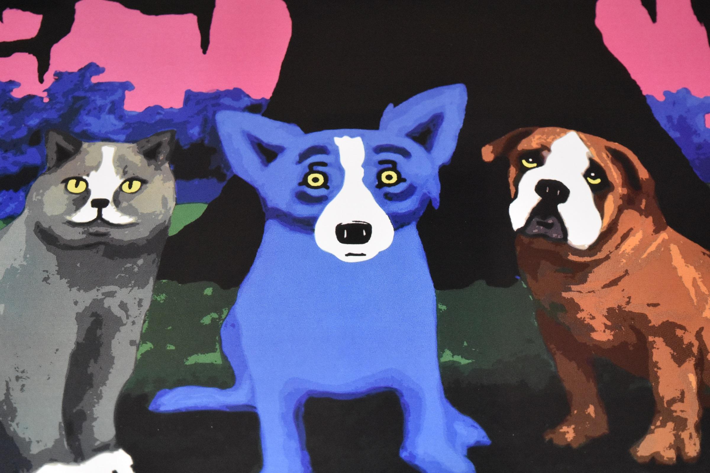 Drei Amigos – signierter blauer Siebdruck mit Hund (Pop-Art), Print, von George Rodrigue