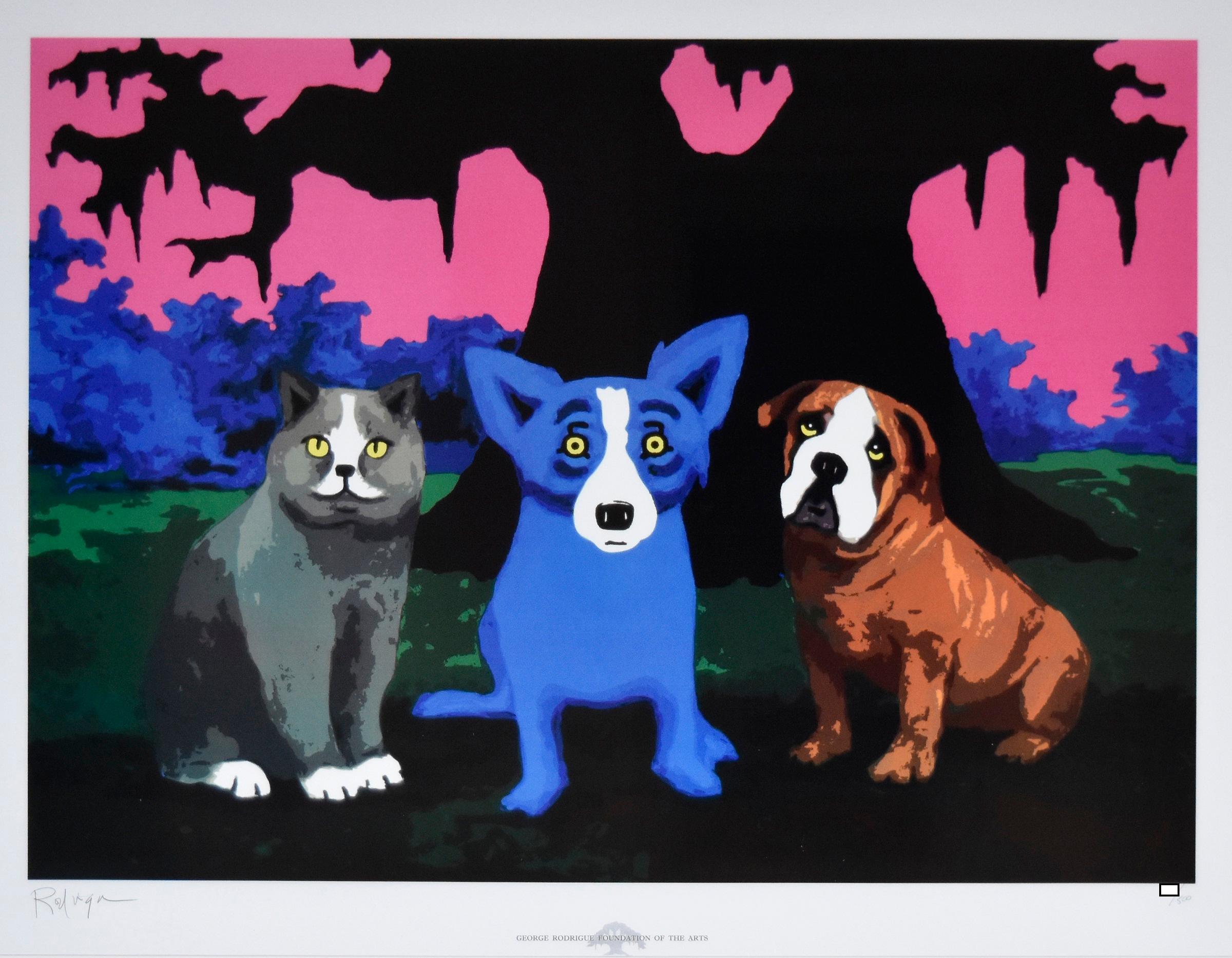 Drei Amigos – signierter blauer Siebdruck mit Hund