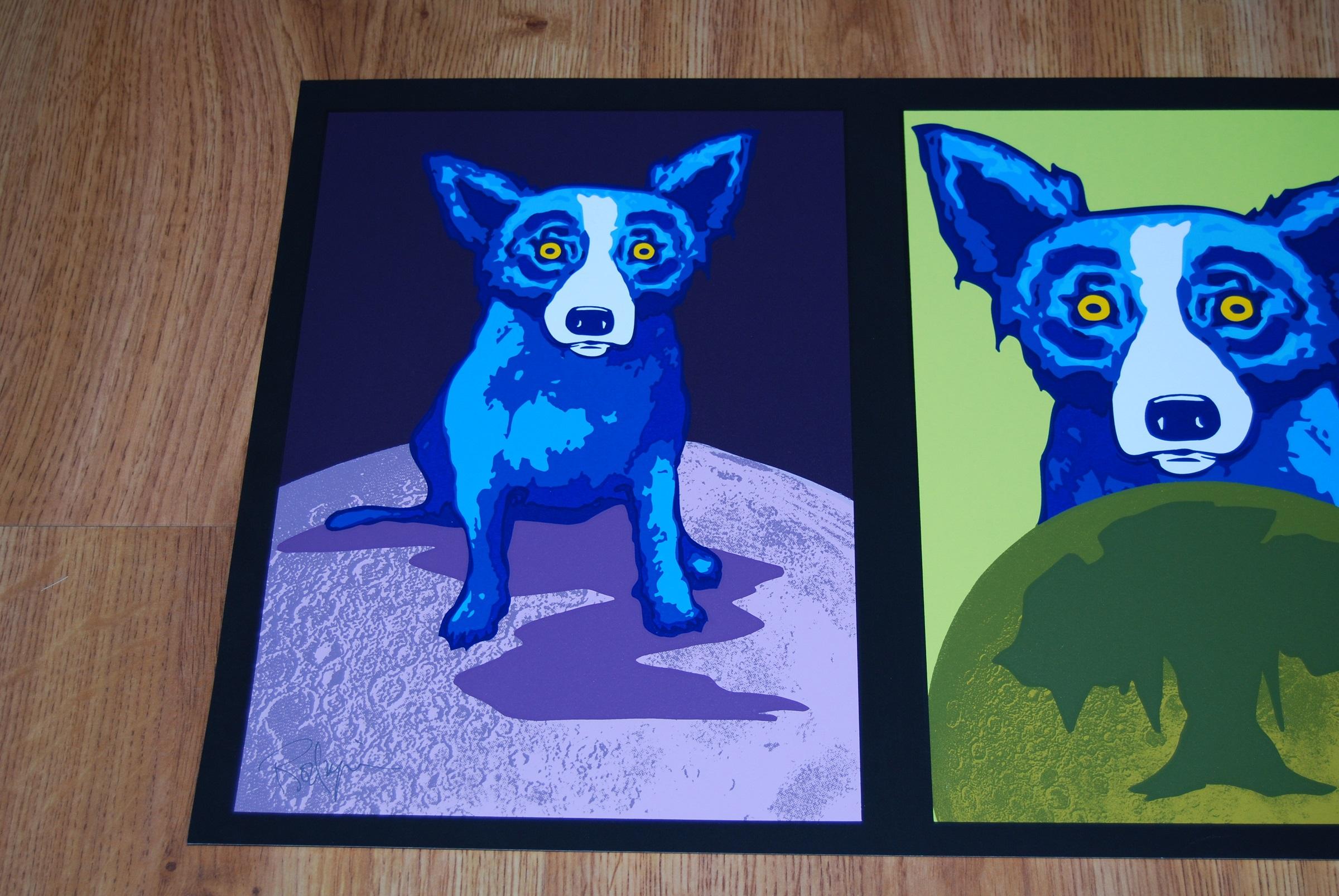 Drei D - Signierter blauer Siebdruck mit Hundmuster (Pop-Art), Print, von George Rodrigue