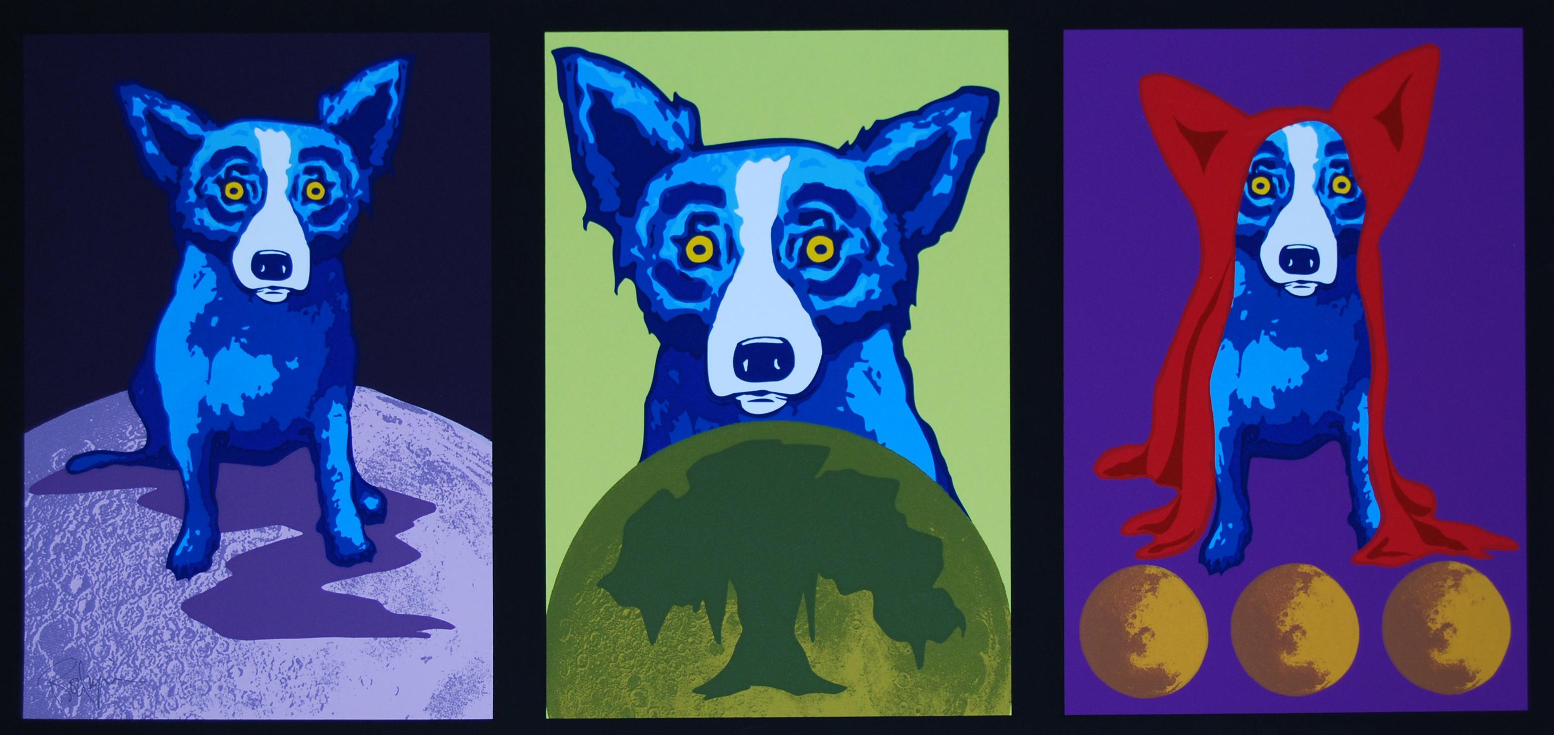 George Rodrigue Animal Print – Drei D - Signierter blauer Siebdruck mit Hundmuster