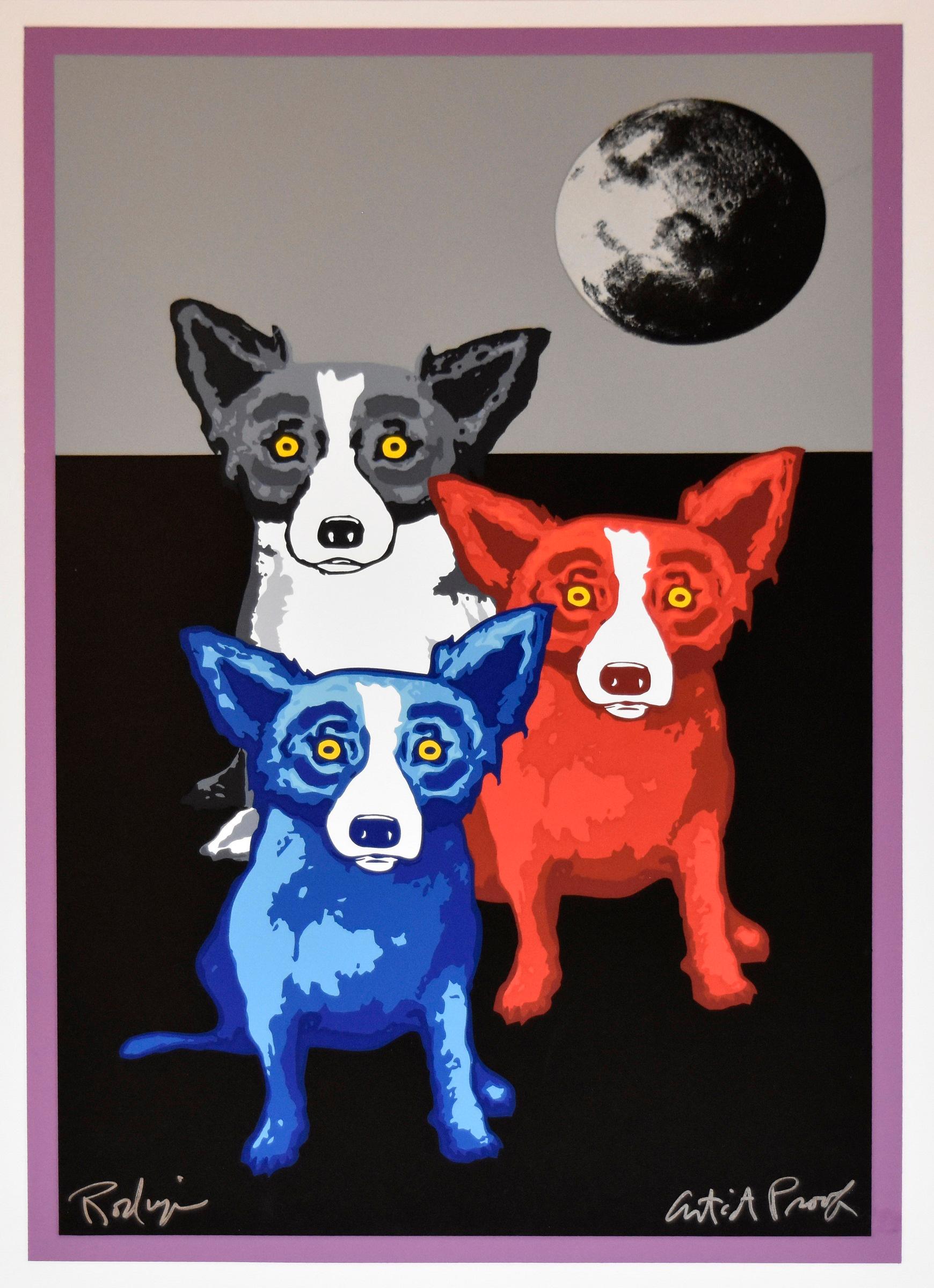 George Rodrigue Animal Print - Three's A Crowd - Signed Silkscreen Print Blue Dog