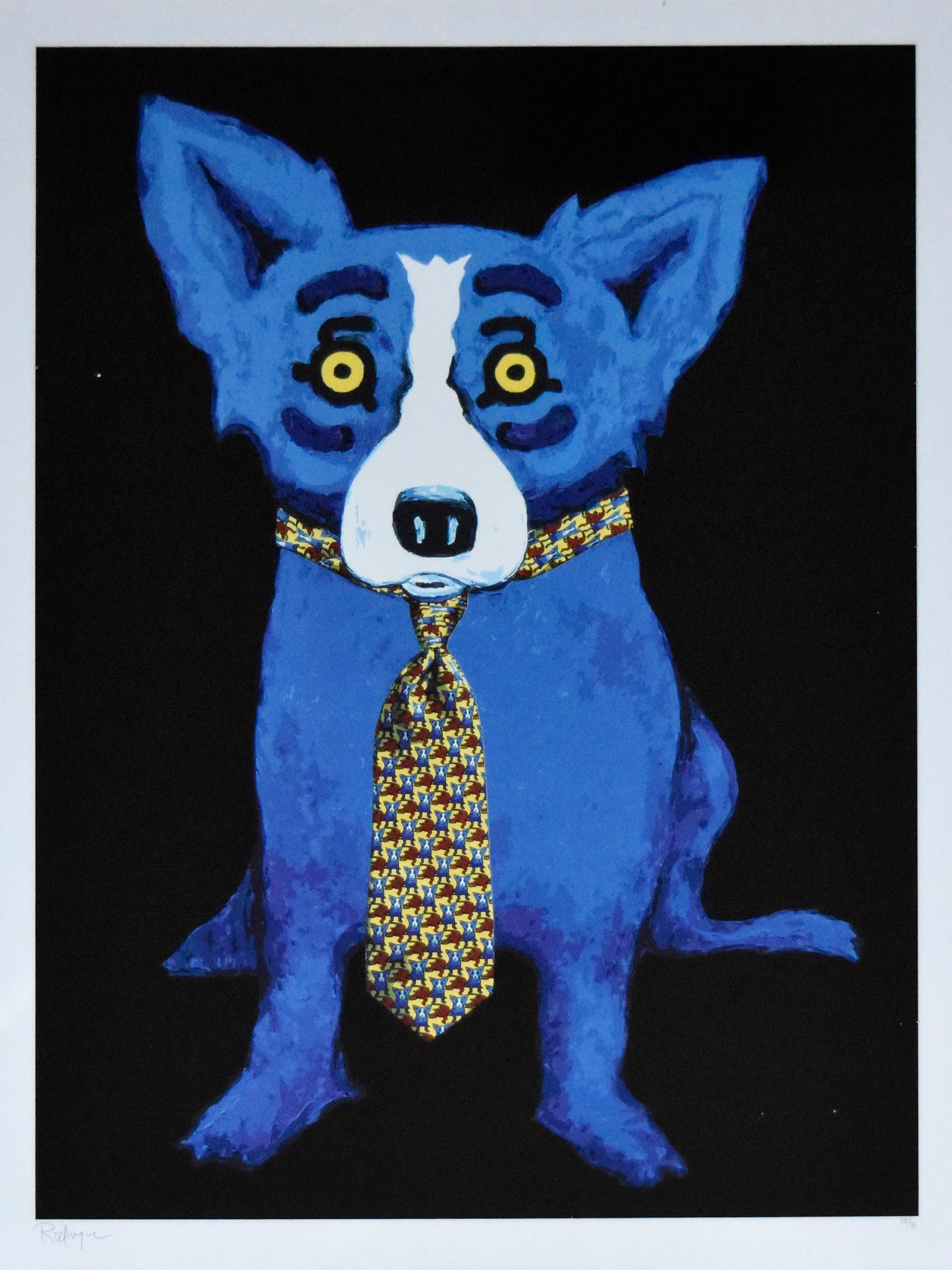George Rodrigue Animal Print - Tie Me Up - Black - Signed Silkscreen Blue Dog Print