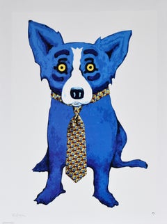 Tie Me Up - White - Signed Silkscreen Blue Dog Print