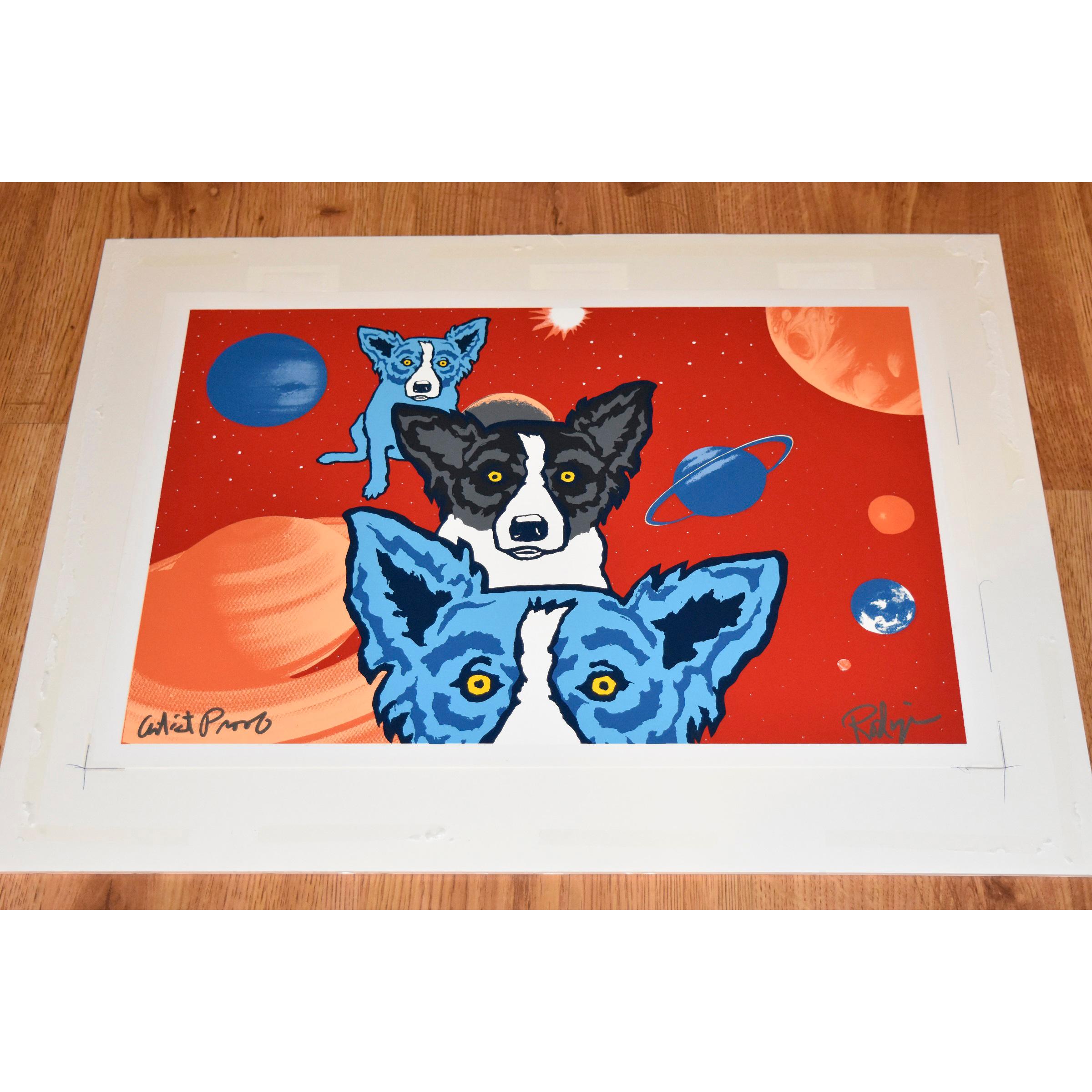 This Blue Dog work consists of a red background with the universe planets scattered about.  There are 3 dogs, 2 blue dogs with one white and black dog between them in a vertical view.  All the dogs have soulful yellow eyes.  This pop art animal