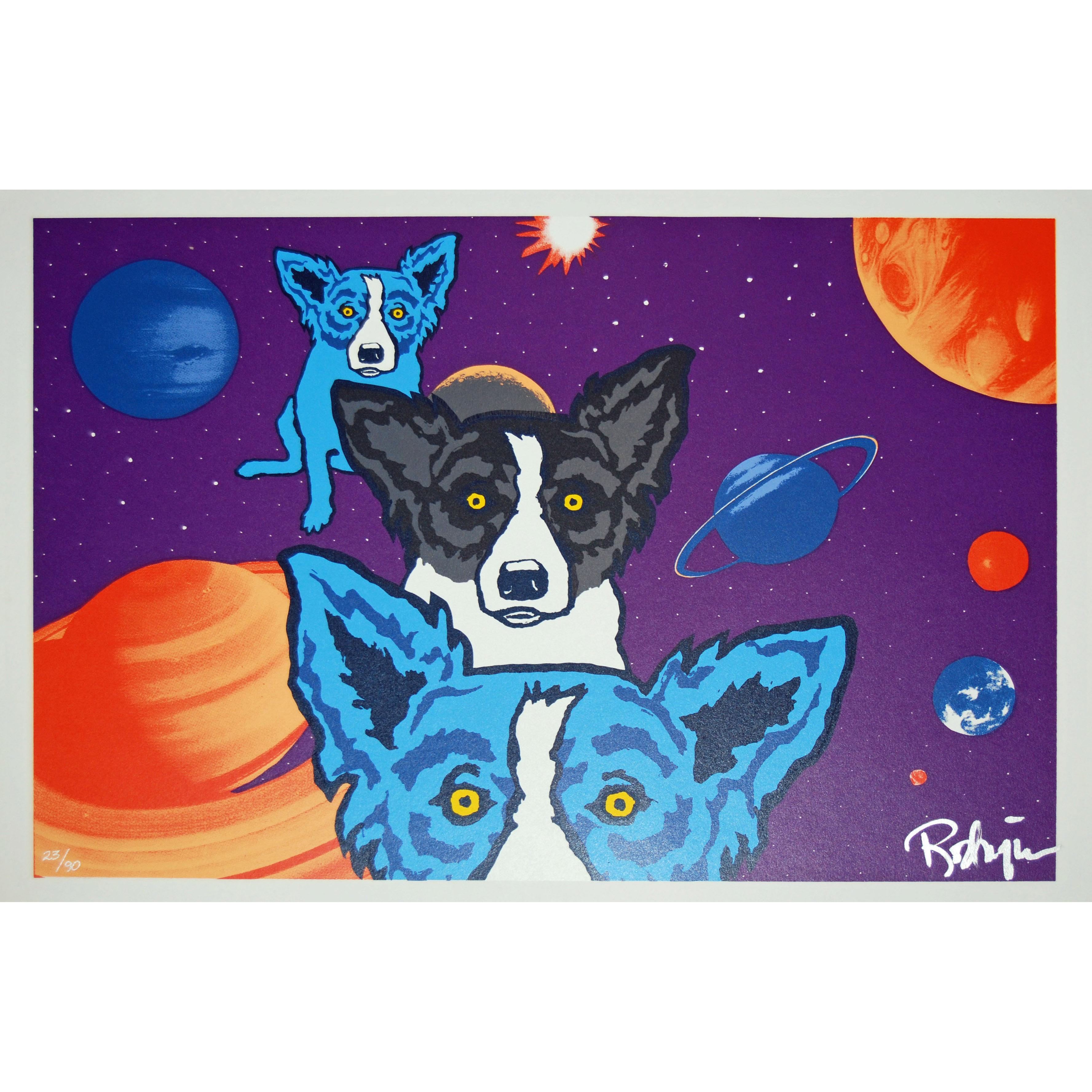 George Rodrigue Animal Print - Tiffany's Universe - Signed Silkscreen Print Blue Dog