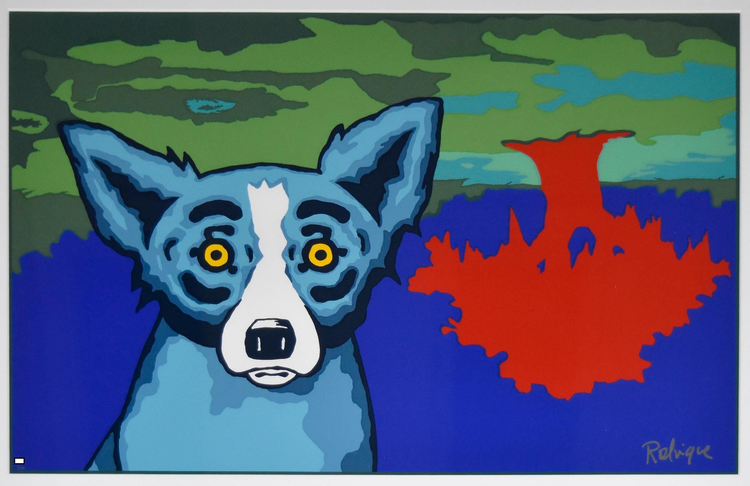 George Rodrigue Animal Print - Topsy Turvy - Signed Silkscreen Blue Dog Print