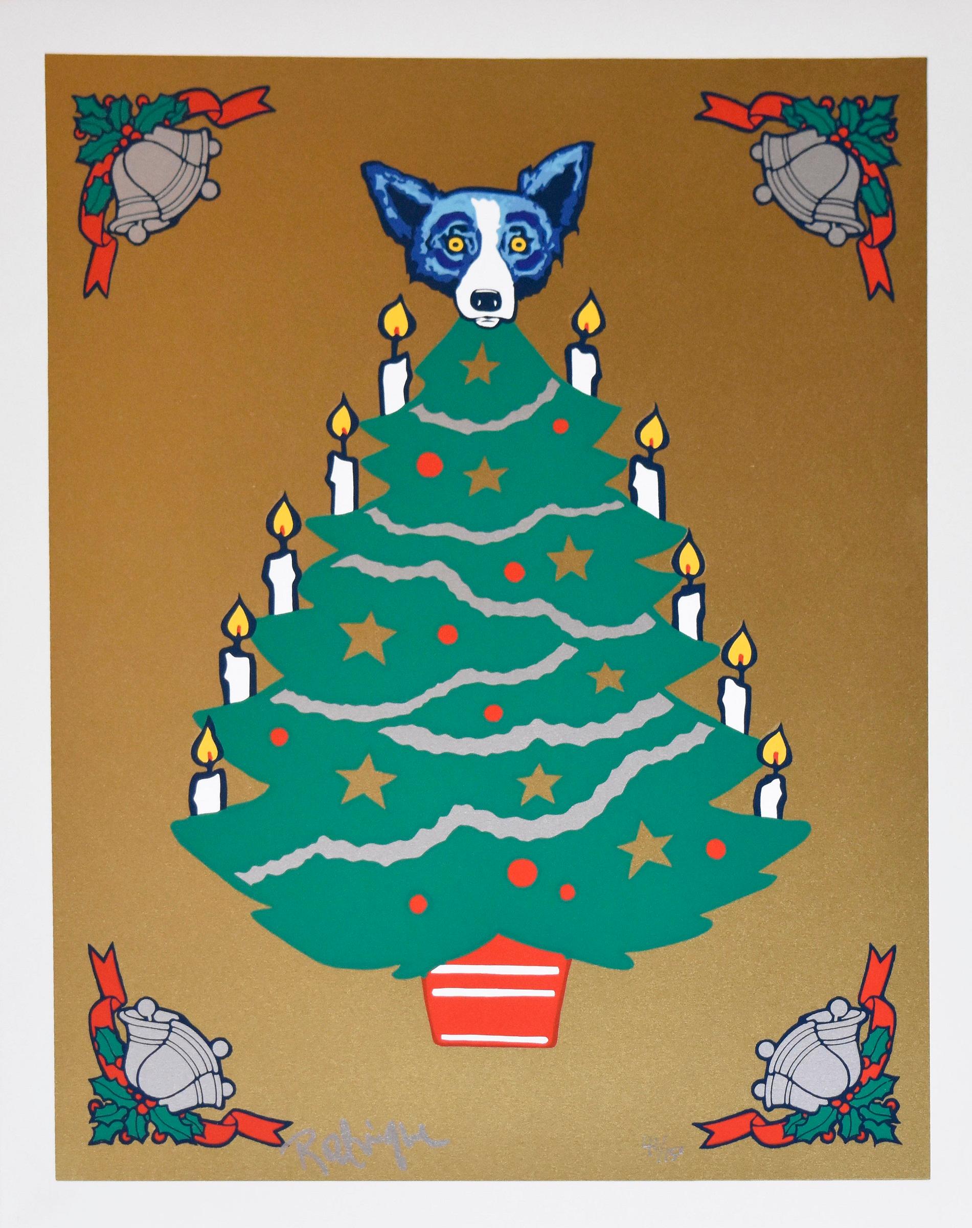 George Rodrigue Animal Print - Tree Topper - Signed Silkscreen Print Blue Dog Holiday Print Sale
