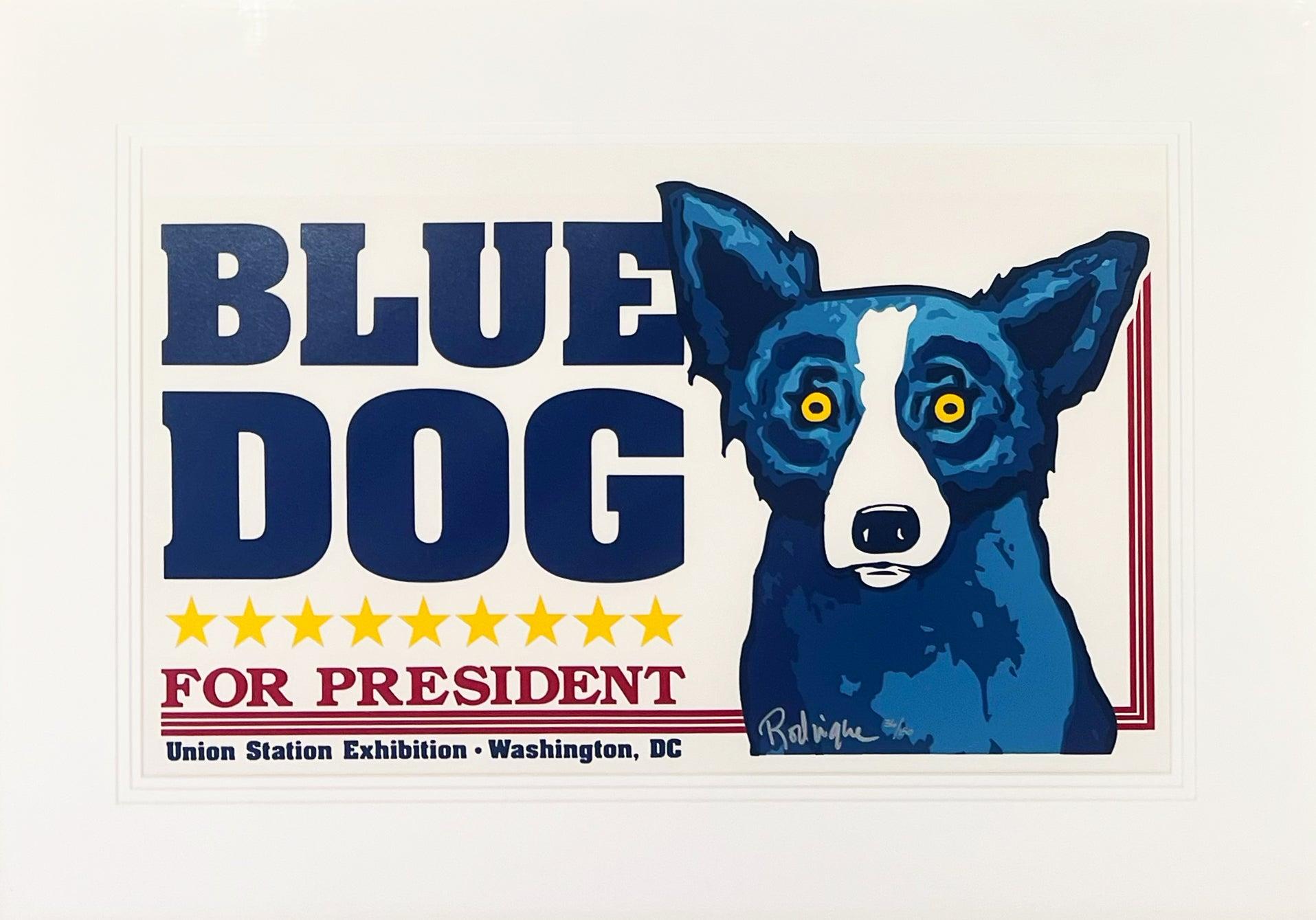 Artist: George Rodrigue
Title: Union Station (Blue Dog for President)
Medium: Silkscreen
Year: 1996
Edition: 36/150
Framed Size: 31