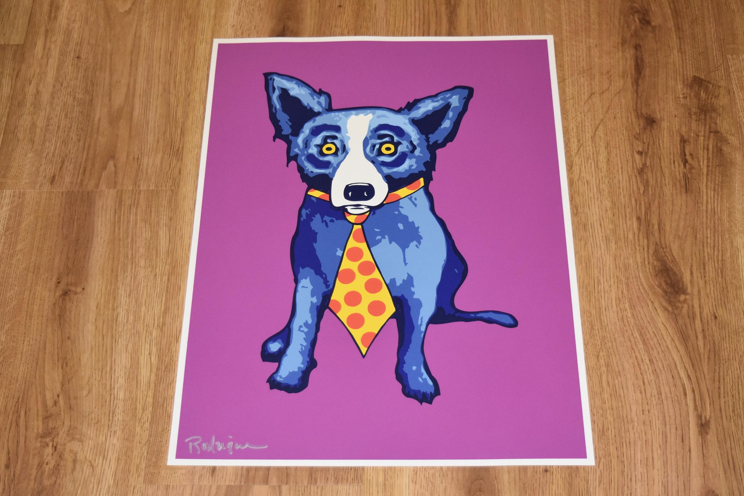 Cane blu senza titolo con cravatta - Sfondo magenta - Stampa serigrafica firmata - Print di George Rodrigue