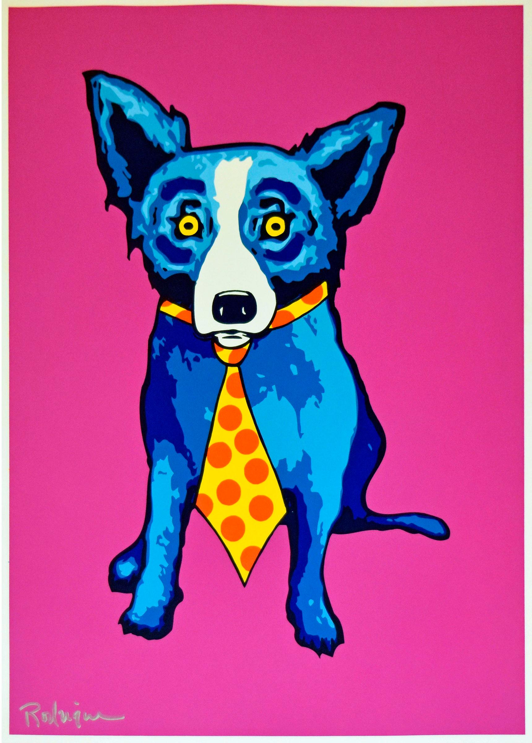 George Rodrigue Animal Print - Untitled Blue Dog with Tie - Magenta Background - Silkscreen Signed Print