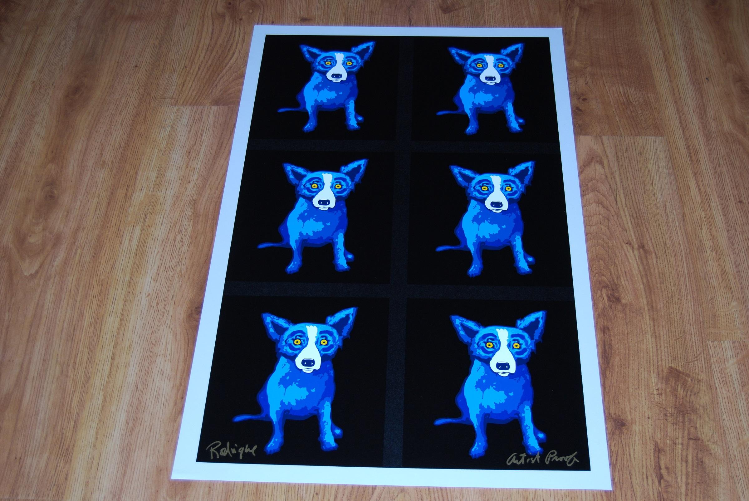 This Blue Dog work consists of 6 blue dogs on a solid black background.  All the dogs have soulful yellow eyes.  This pop art animal original silkscreen print is guaranteed authentic and is hand signed by the artist.

Artist:  George Rodrigue
Title:
