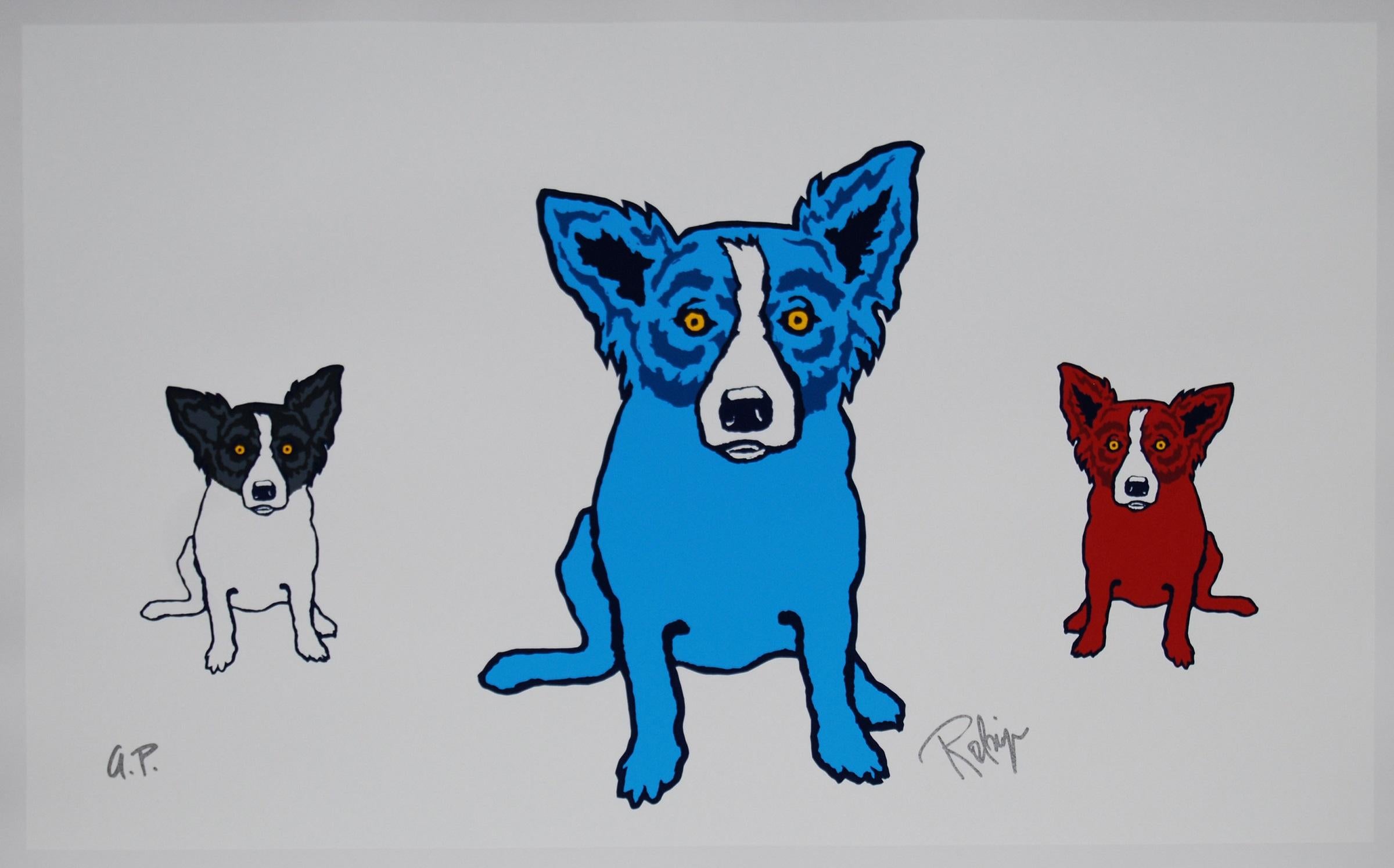 George Rodrigue Animal Print - Waiting For My TV Dinner White Proof - Signed Silkscreen Blue Dog Print
