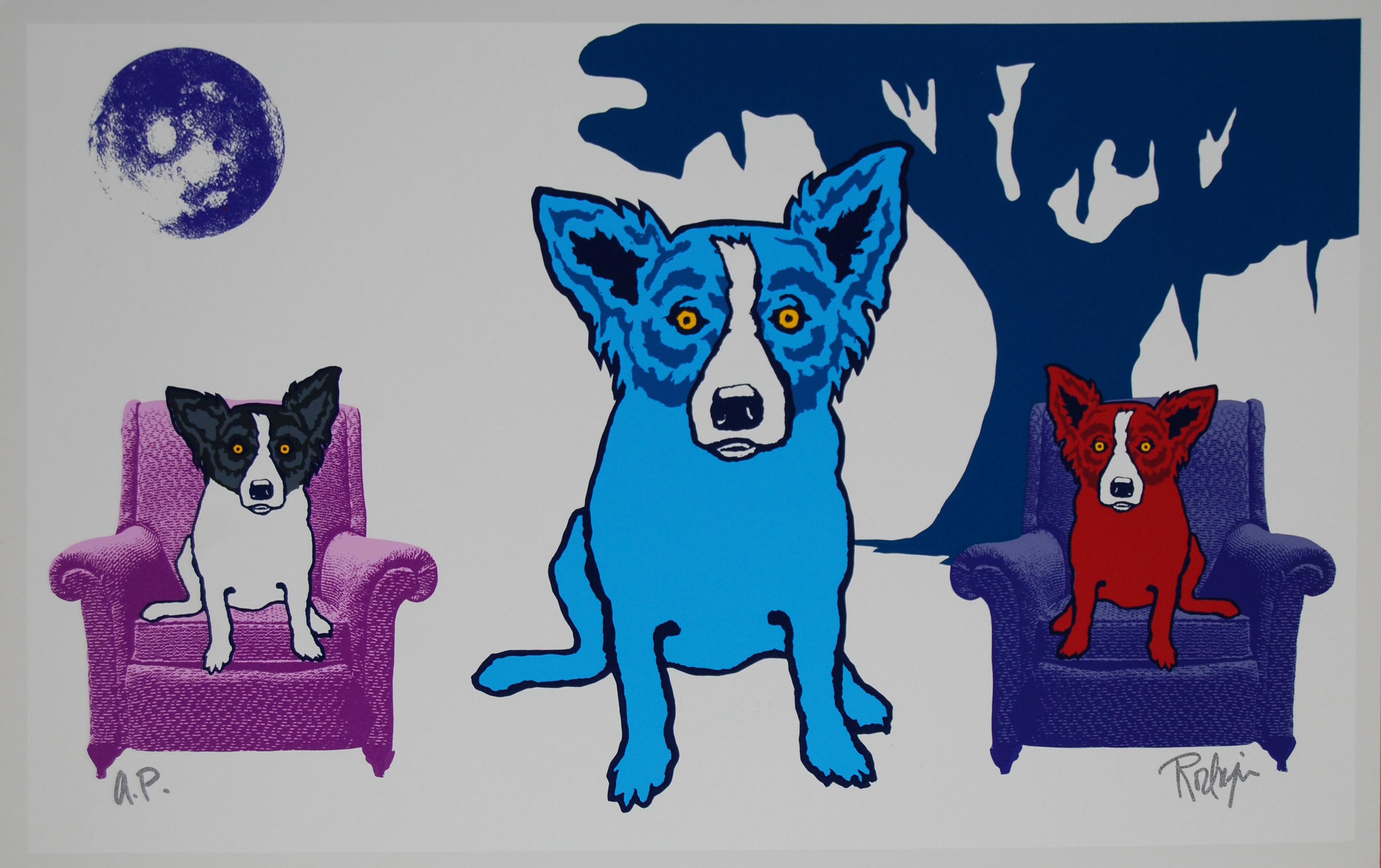 George Rodrigue Animal Print – Waiting For My TV Dinner White - Signierter blauer Siebdruck mit Hundmuster
