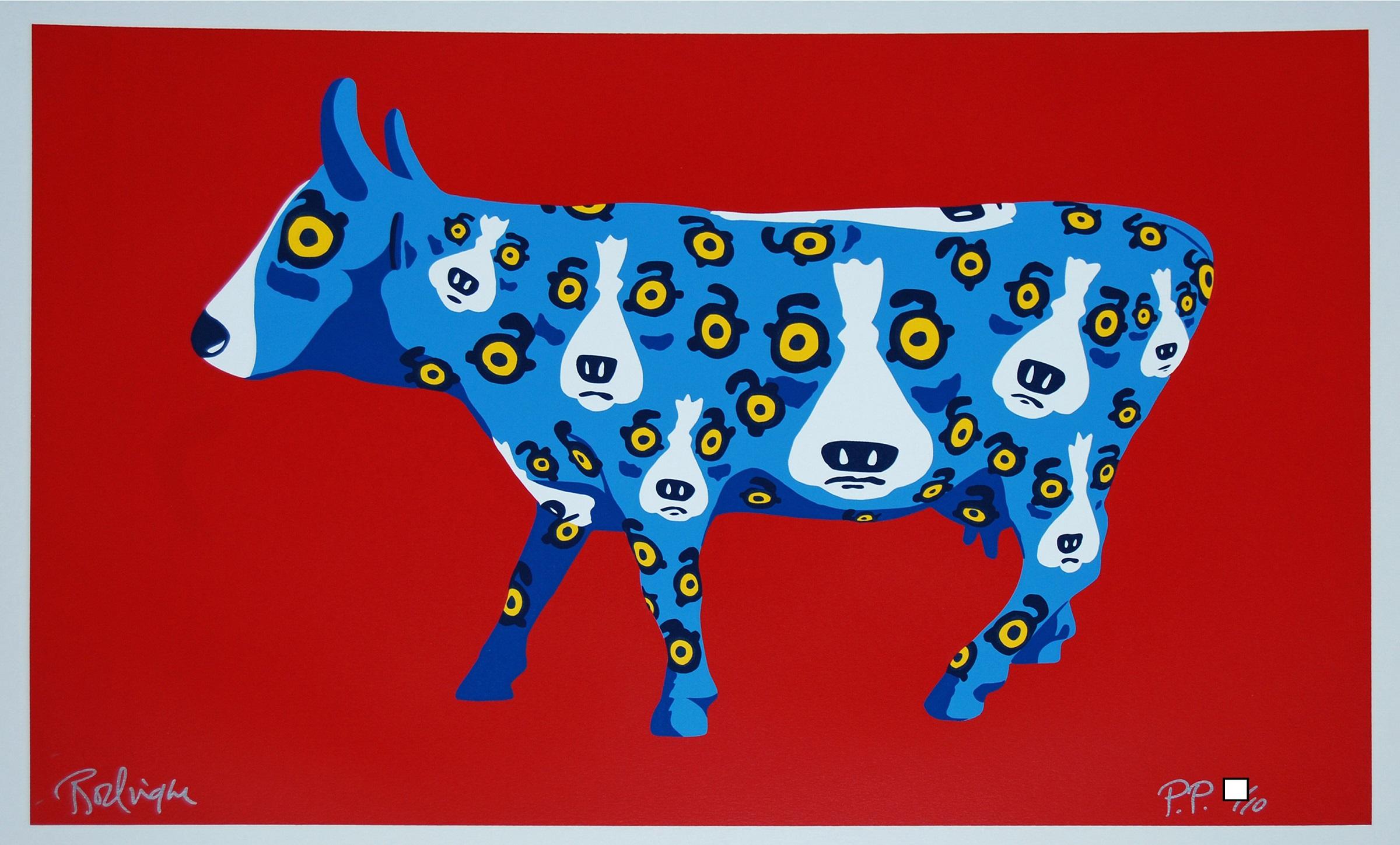 George Rodrigue Animal Print - Walkin' Across Texas Red - Signed Silkscreen Blue Dog Print