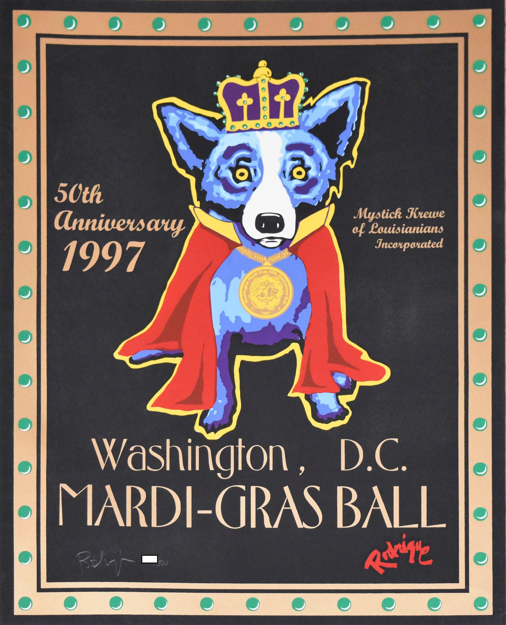 George Rodrigue Animal Print - Washington Mardi Gras - Signed Silkscreen Print Blue Dog