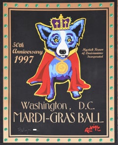 Washington Mardi Gras – signierter blauer Hund mit Siebdruck und Siebdruck