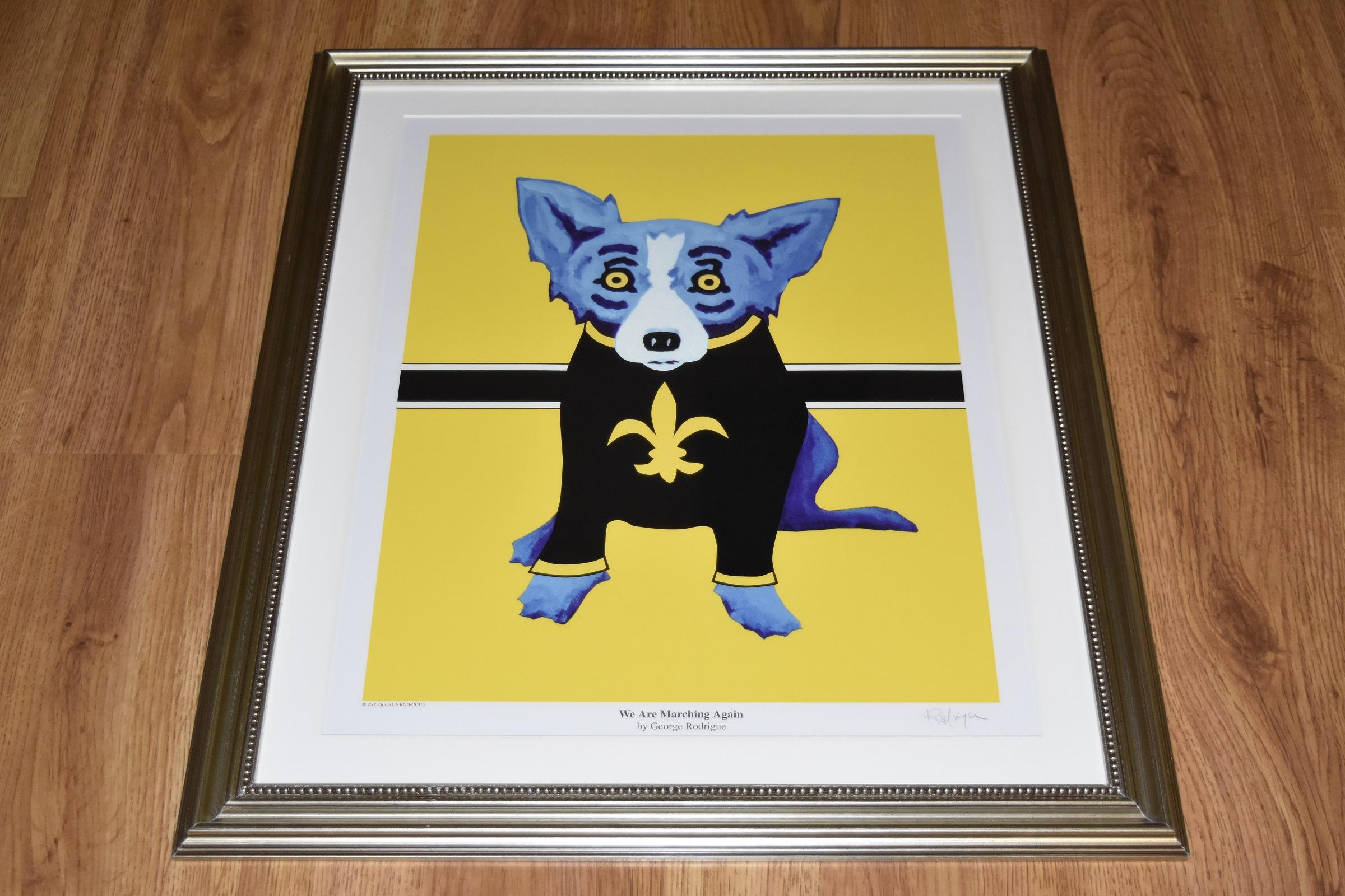 We Are Marching Again - Signed Silkscreen Blue Dog Print - Yellow Animal Print by George Rodrigue