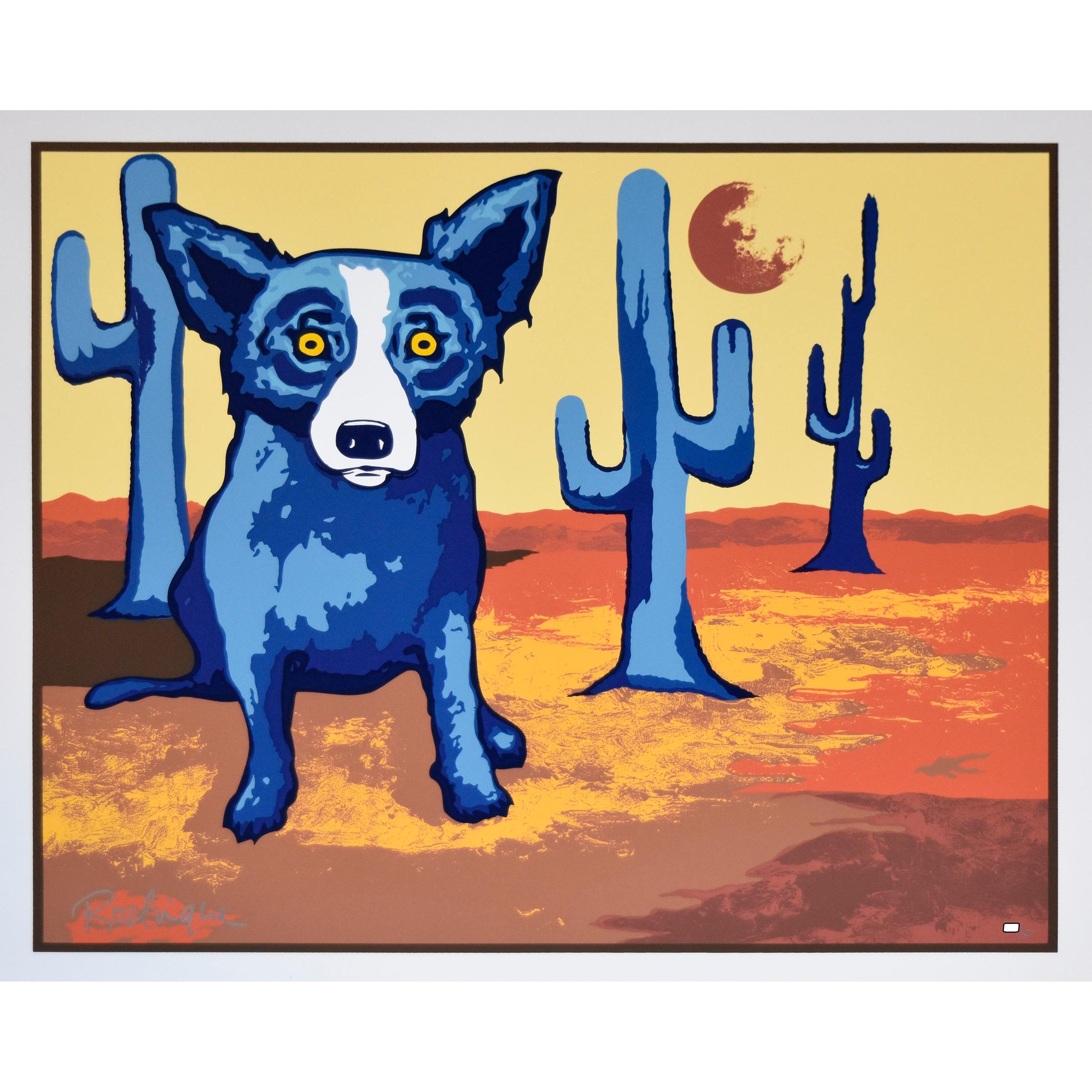 This Blue Dog work consists of a blue dog Sitting on a desert-like earthy colored background with cacti and a moon in the background.  The dog has soulful yellow eyes.  This pop art animal original silkscreen print is hand-signed by the