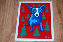 Wrap Me Up For Christmas - Signierter Seidendruck mit blauem Hunde- Holiday-Druck