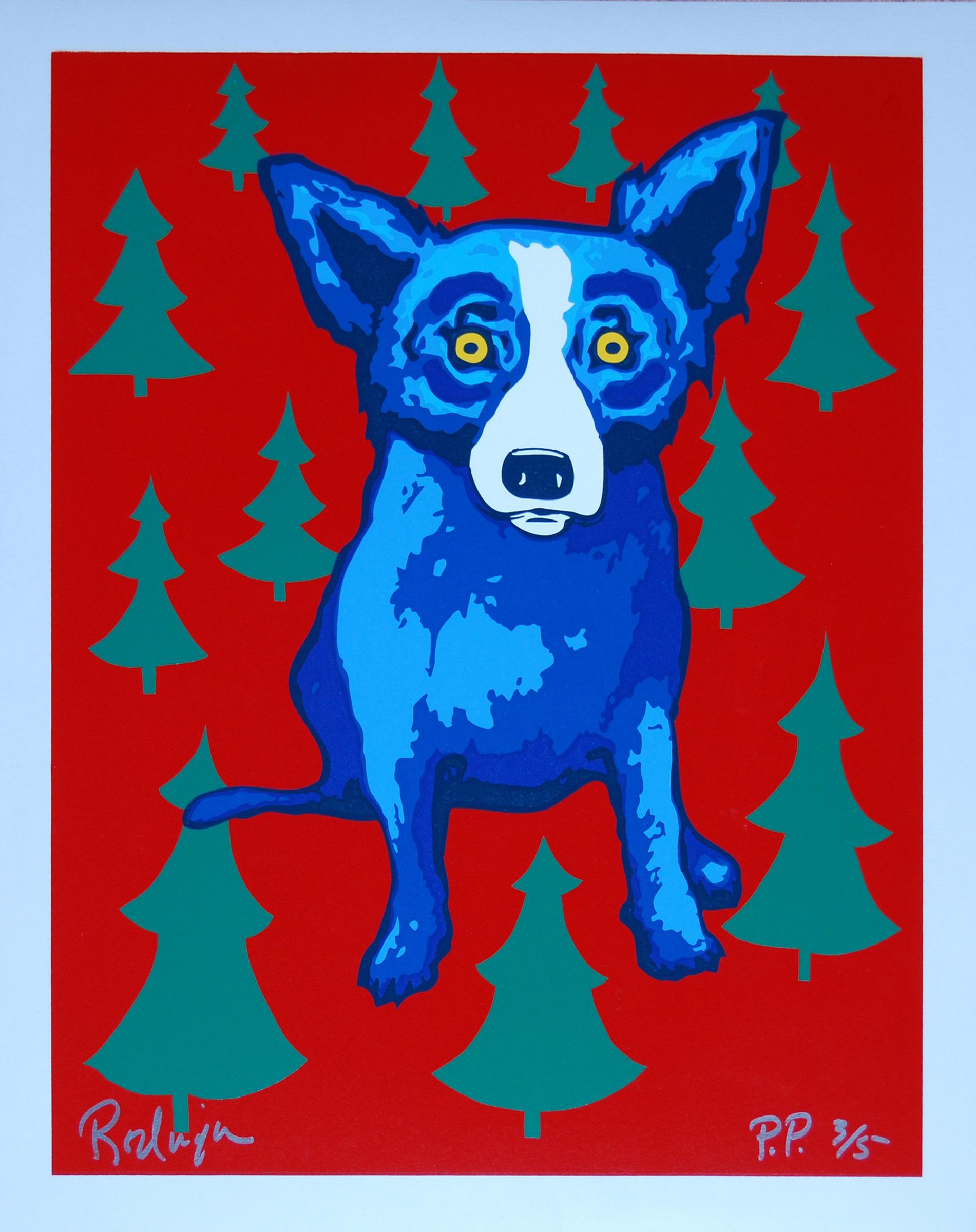George Rodrigue Animal Print - Wrap Me Up For Christmas - Signed Silkscreen Print Blue Dog Holiday Print Sale