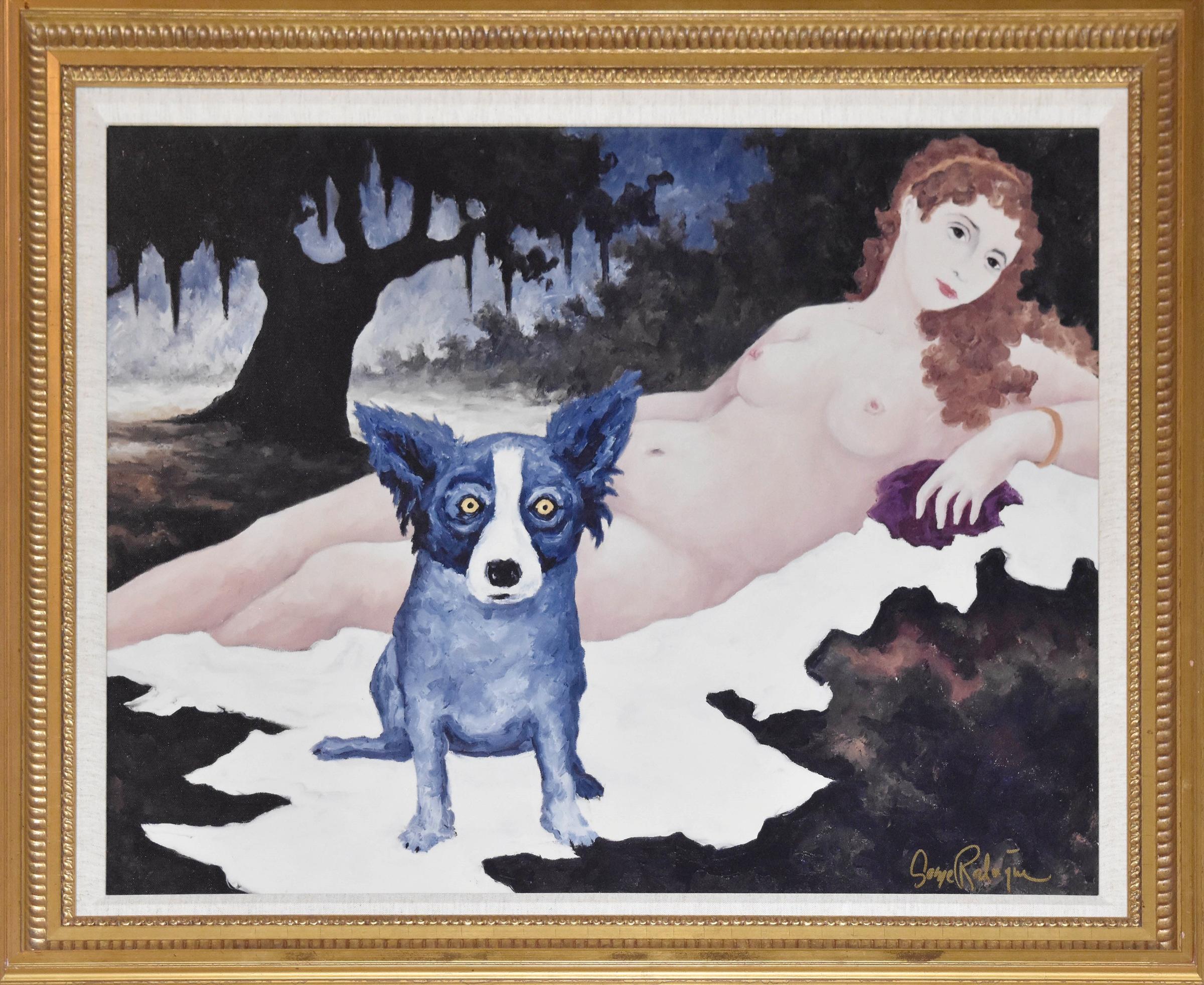 George Rodrigue Animal Print - Wrong Century - Signed Giclee on Board Rare Blue Dog Print