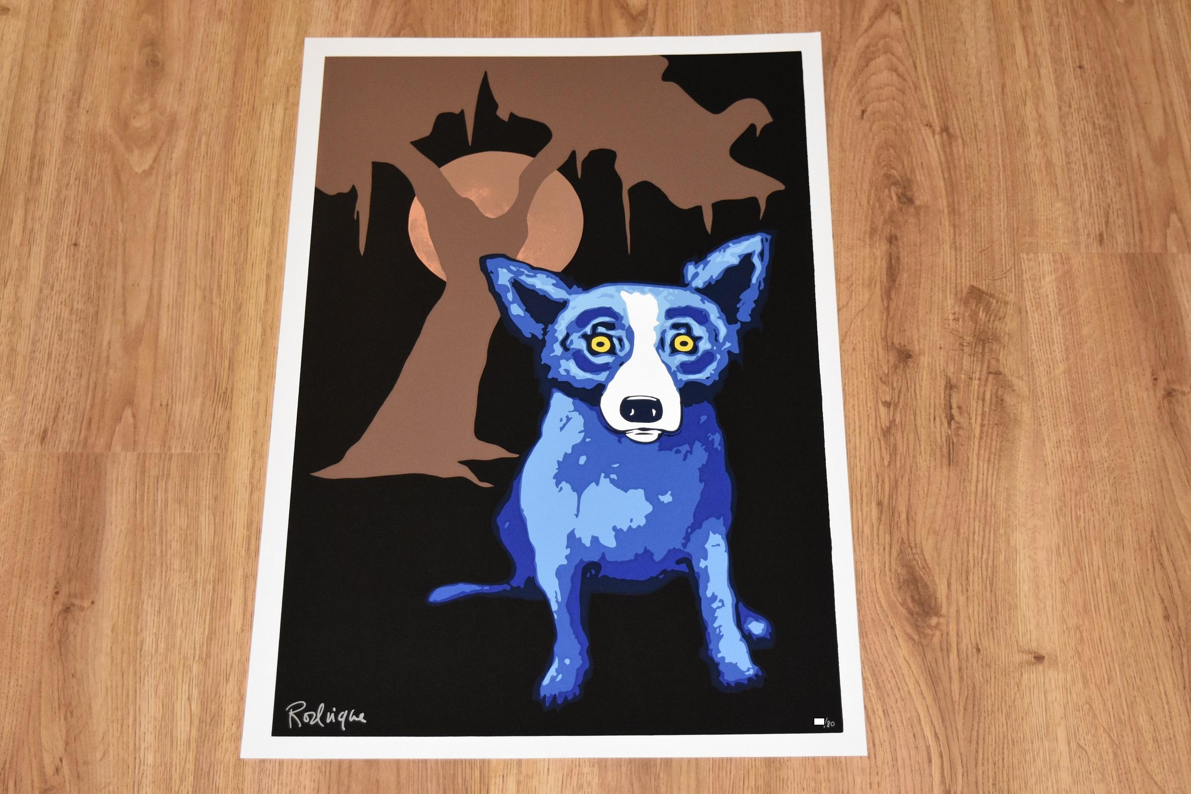 Y-Moon Black - Serigrafia firmata Cane Blu - Print di George Rodrigue
