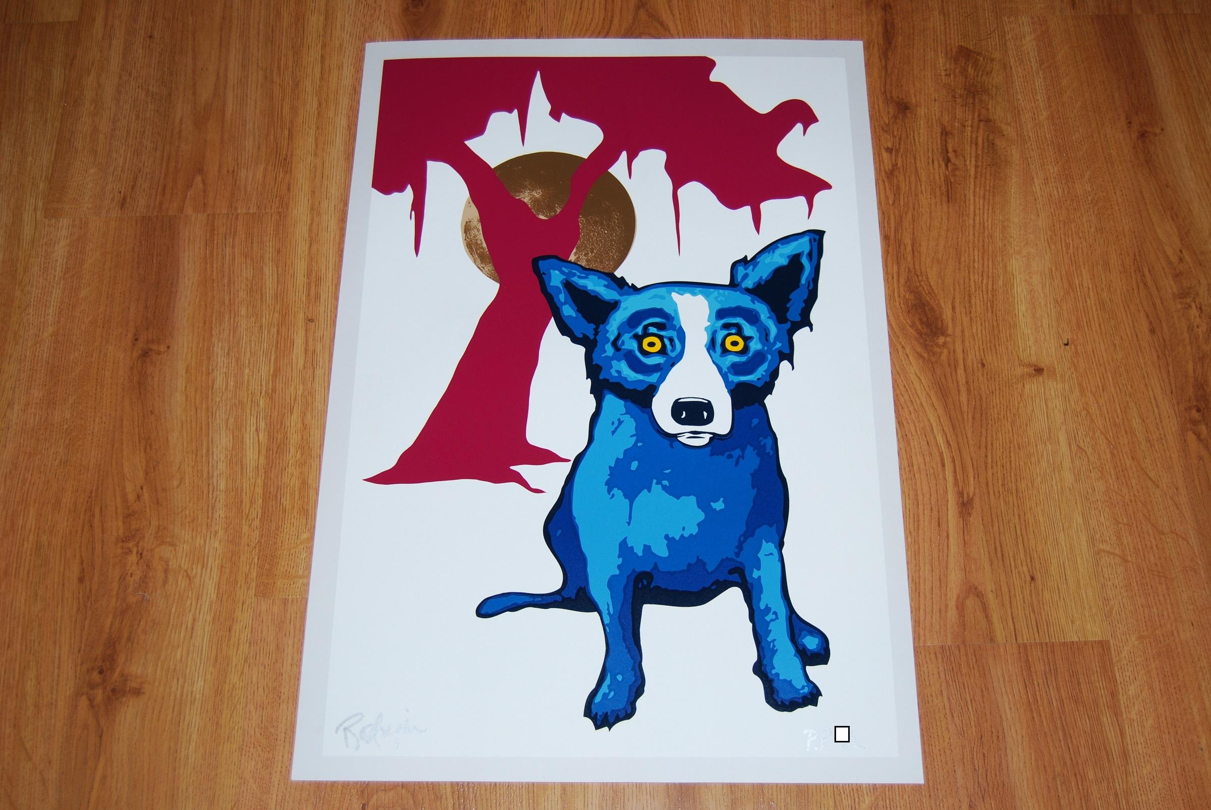 Y-Moon Weißer/Rosafarbener Baum - Signierter blauer Siebdruck mit Hund – Print von George Rodrigue