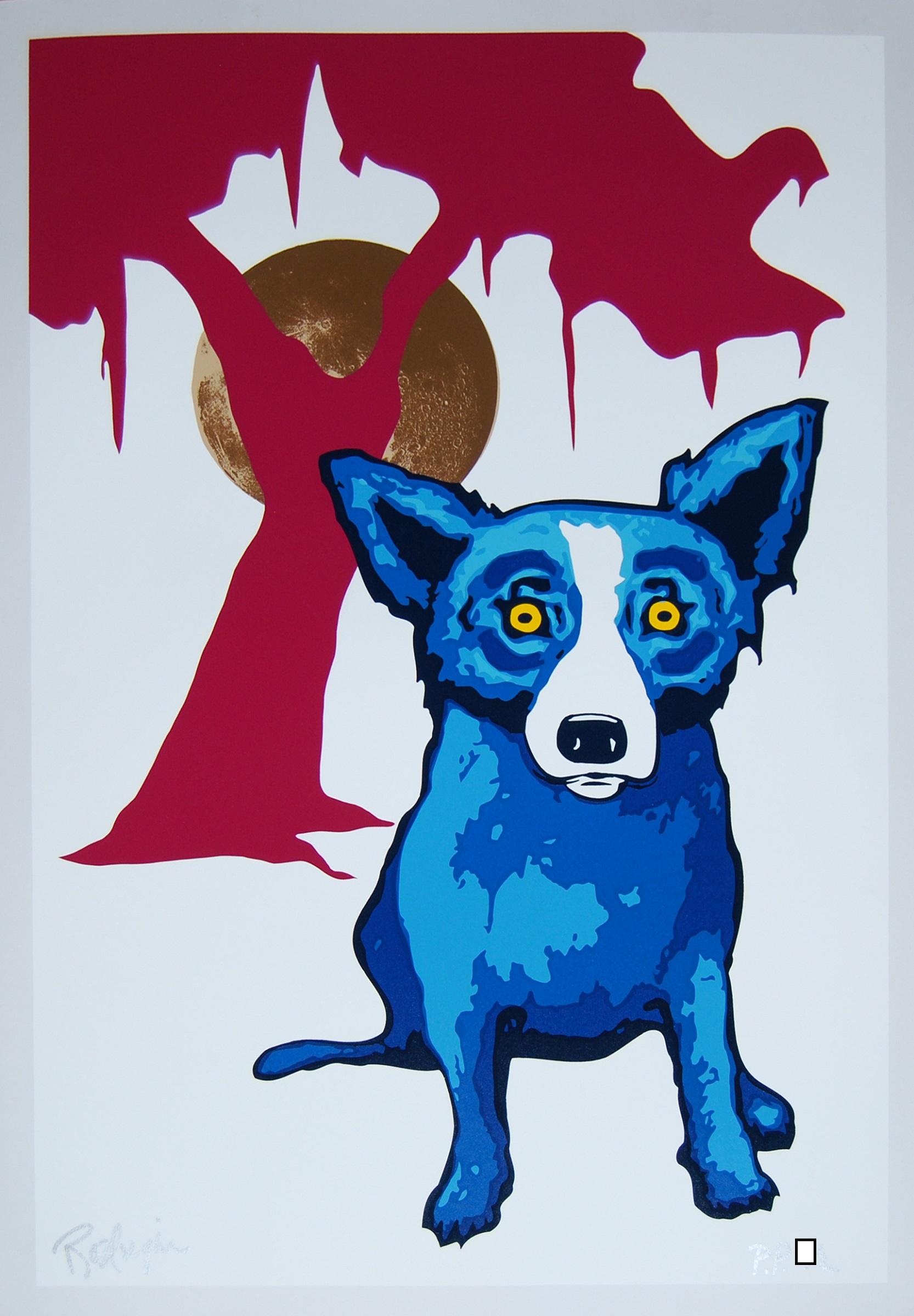 George Rodrigue Animal Print – Y-Moon Weißer/Rosafarbener Baum - Signierter blauer Siebdruck mit Hund