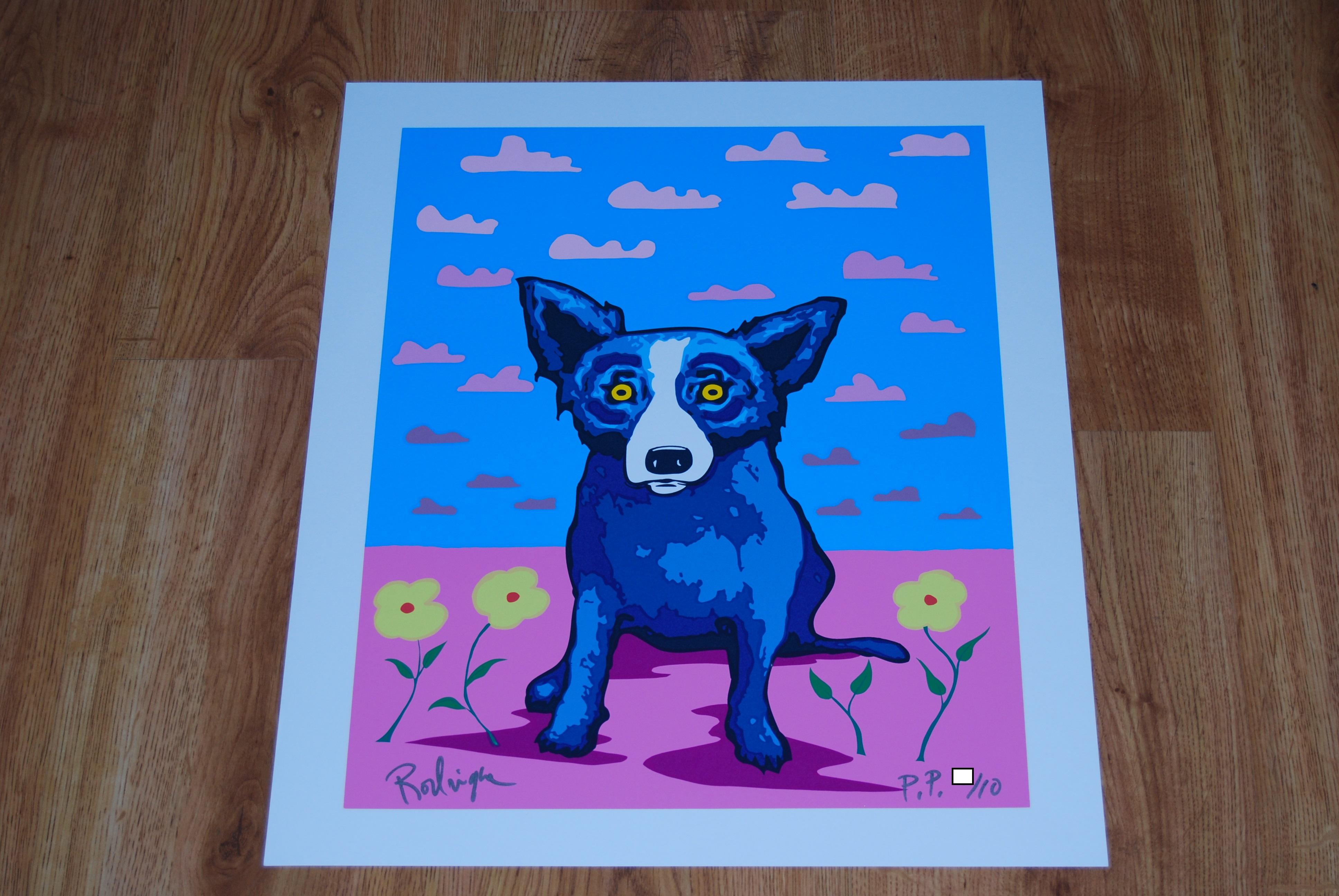 Artist:  George Rodrigue
Title:  Blue Dog “You Make My Landscape Happy”
Medium:  Silkscreen	
Date:  2000
Edition:  Printers Proof
Dimensions:  23.25” X 28.75”
Description:  Signed & Unframed
Condition:  Excellent 
