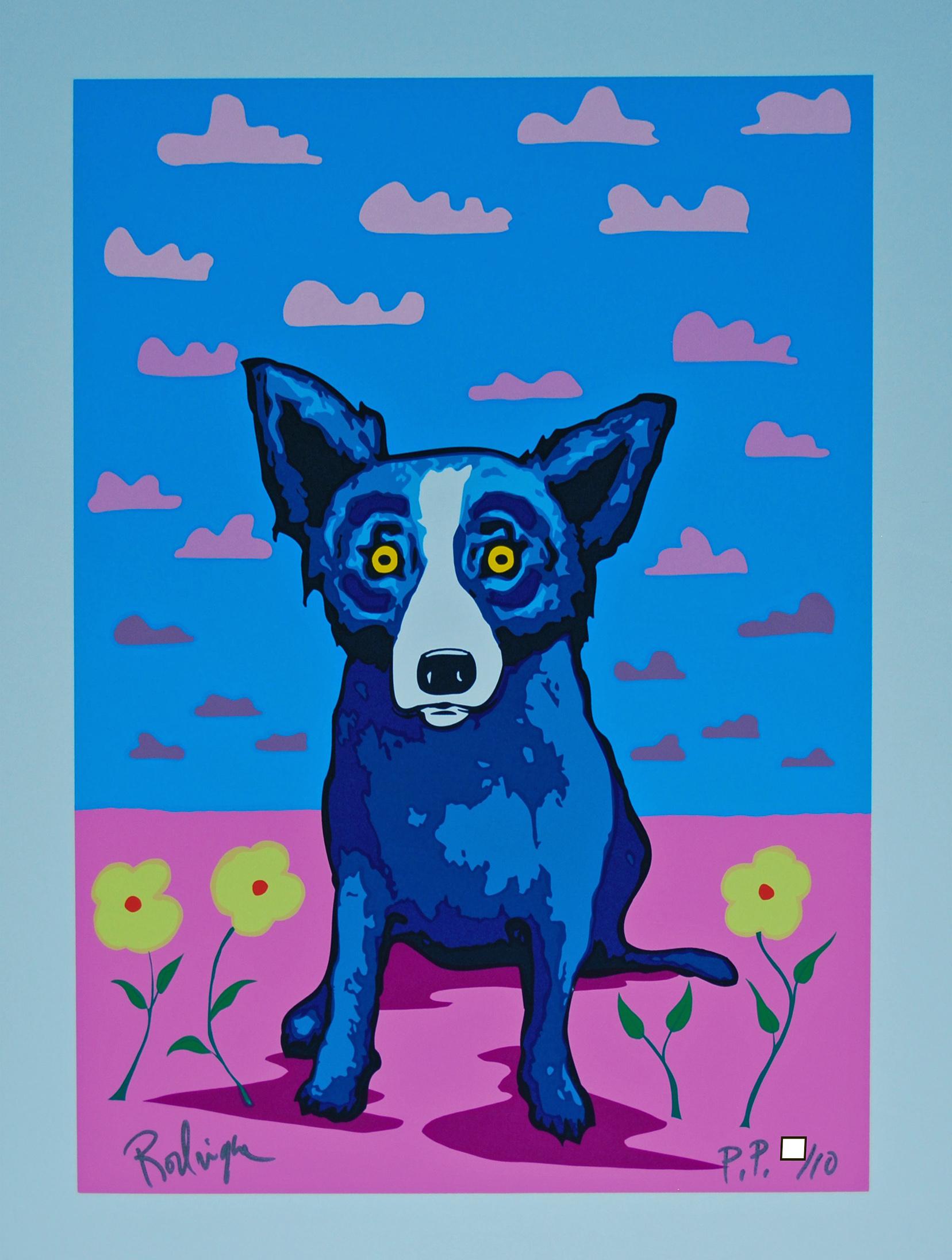 George Rodrigue Animal Print - You Make My Landscape Happy - Signed Silkscreen Print Blue Dog