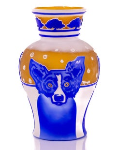 George Rodrigues Vase en verre avec chien bleu Edition signée de 35 pièces