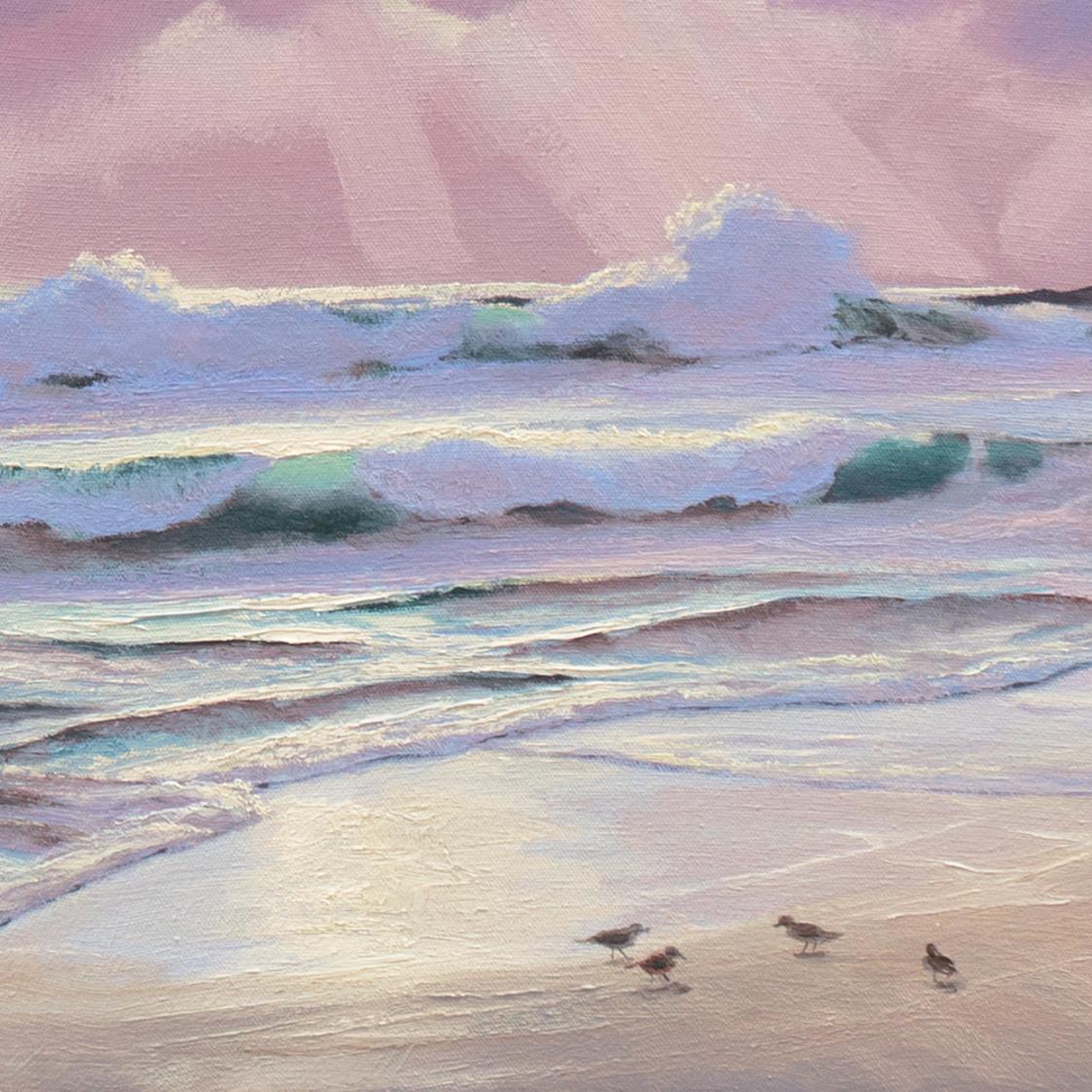 Signed lower left, 'George A Rohrer' (American, born 1929), additionally signed, verso, and dated 1988.

A lyrical and light-filled seascape showing a view of the Pacific Ocean with the sun breaking through clouds and illuminating the breakers