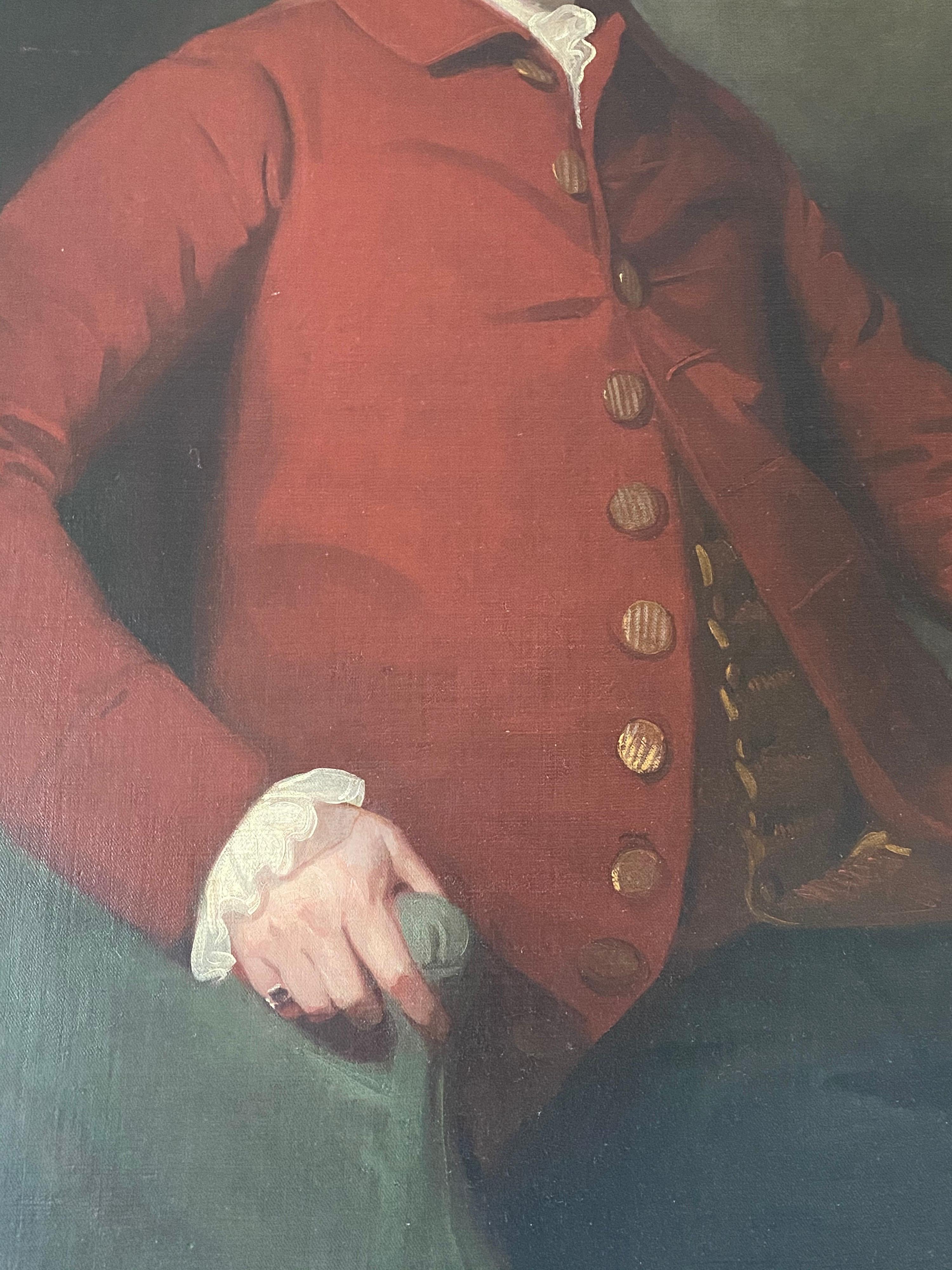 Portrait of a gentleman, believed to be Captain John Stables, three-quarter length, seated in an interior on a green velvet chair, wearing a red jacket with gold buttons and with brown breeches. c.1785.
A reference to a portrait of a Captain John