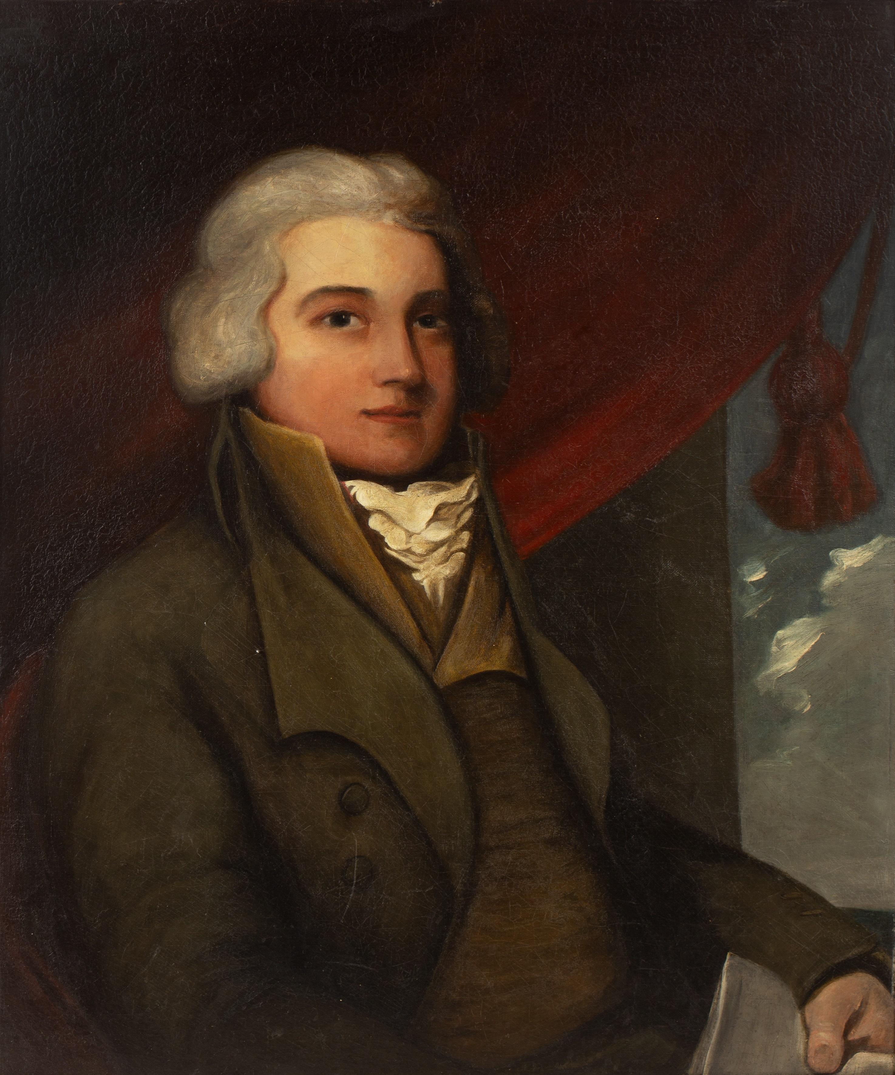 Fine 18th Century English Oil Portrait Smart Gentleman Squire holding Letter - Painting by George Romney