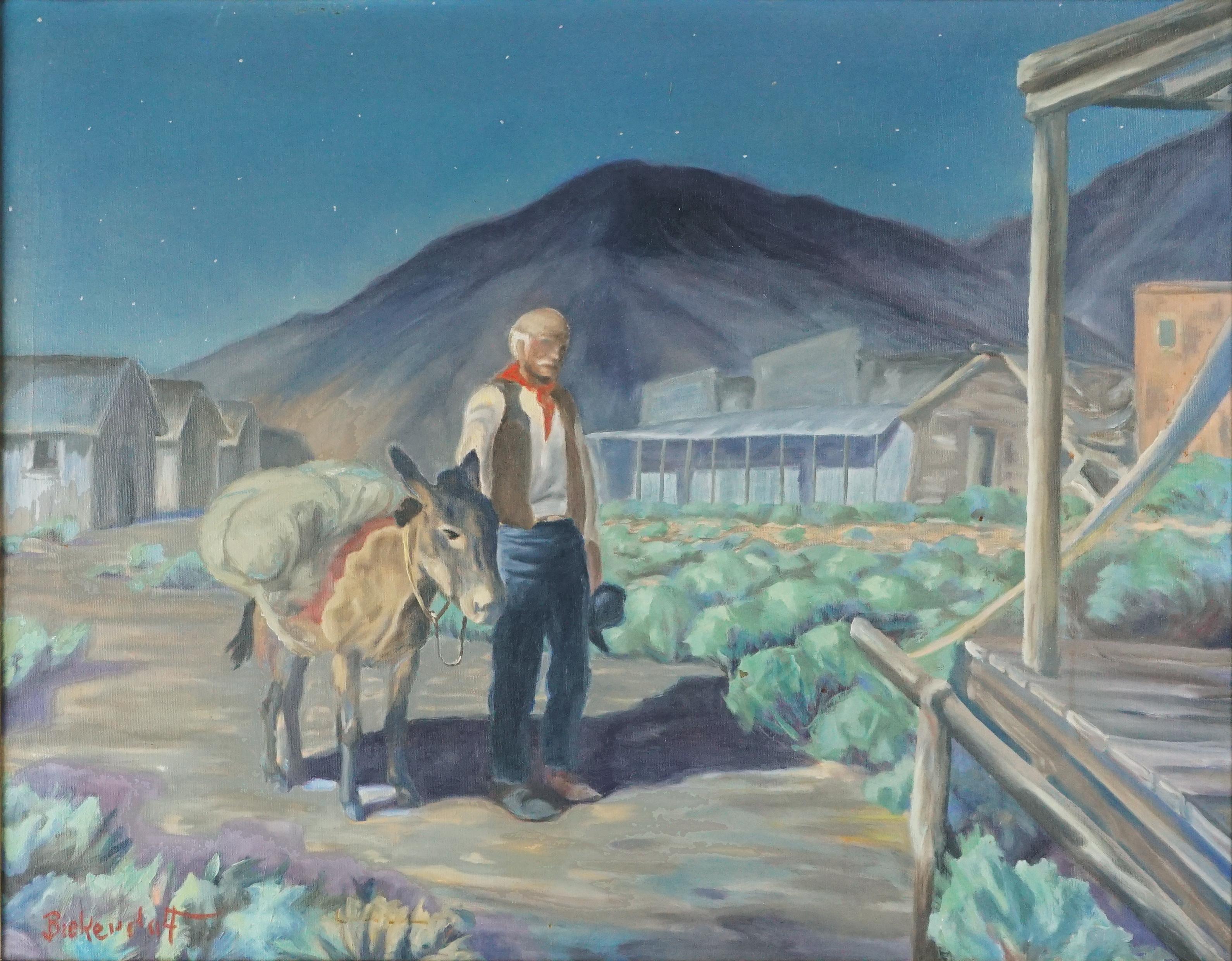 The Prospector at Dusk, Early 20th Century Cowboy w Donkey Figurative Landscape  - Painting by George Sanders Bickerstaff